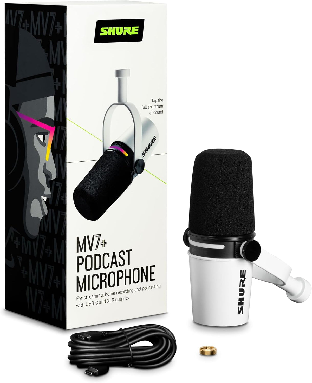 Shure MV7+ USB-C &amp; XLR Podcast Dynamic Microphone - White | USB-C and XLR dynamic mic with LED touch panel, auto level and pop filter for podcasting, streaming and recording