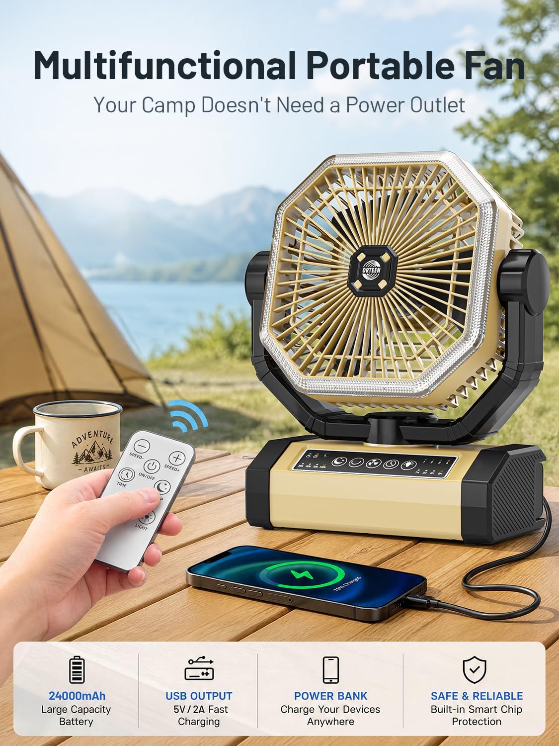 Orteen Camping Fan Rechargeable - 9-Inch Battery Powered Fan, 24000mAh(60Hrs) Battery Operated for Camping, Auto Oscillation Cordless, Tent Fan with Remote/Light, 4 Speeds, 4 Timing, Outdoor