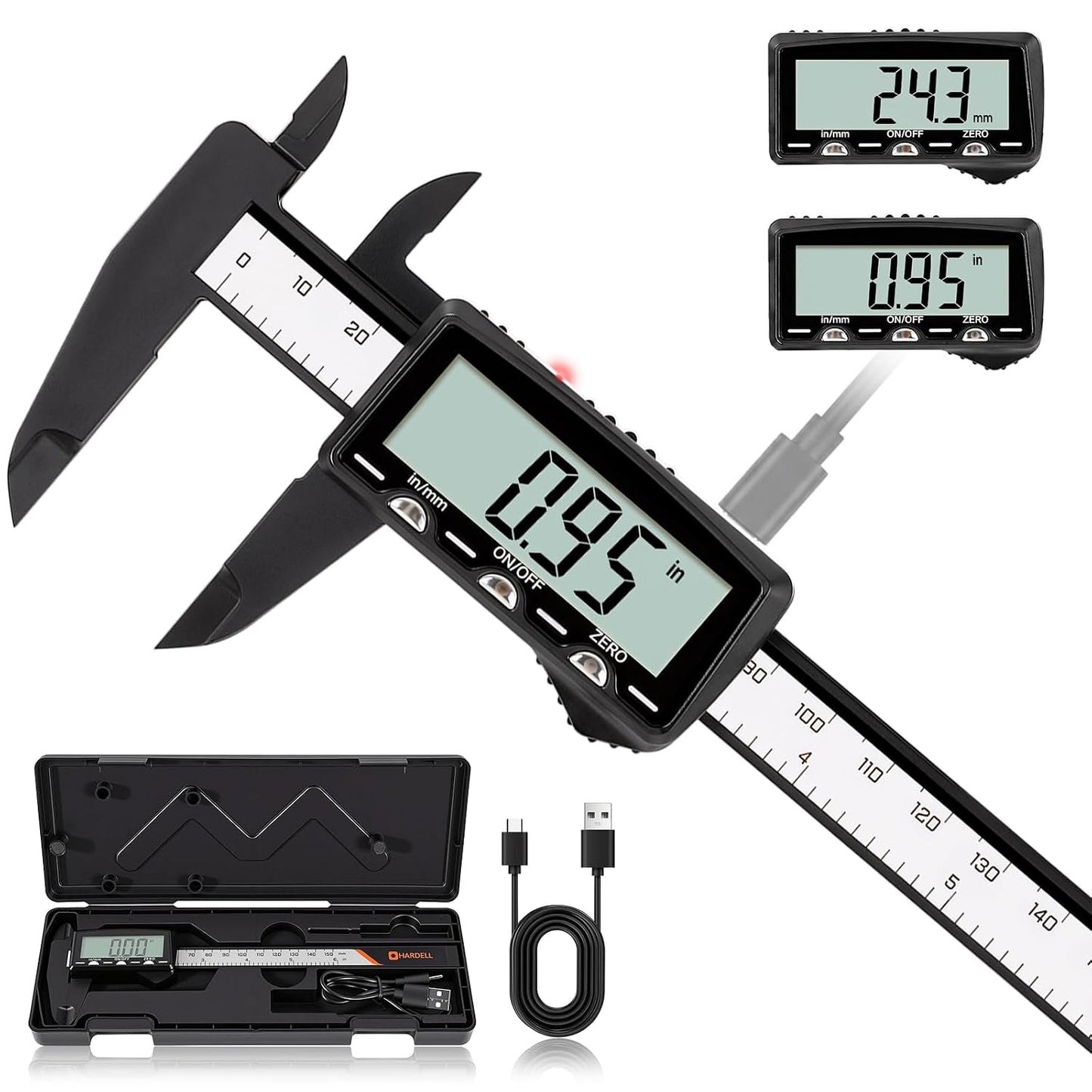 HARDELL Digital Caliper, Rechargeable Plastic Caliper with Type-C Cable | Large LCD Screen | Visual Charging | IN/MM Conversion | Auto-Off | Calipers for Household, Watch, Jewelry, DIY | 6 Inch