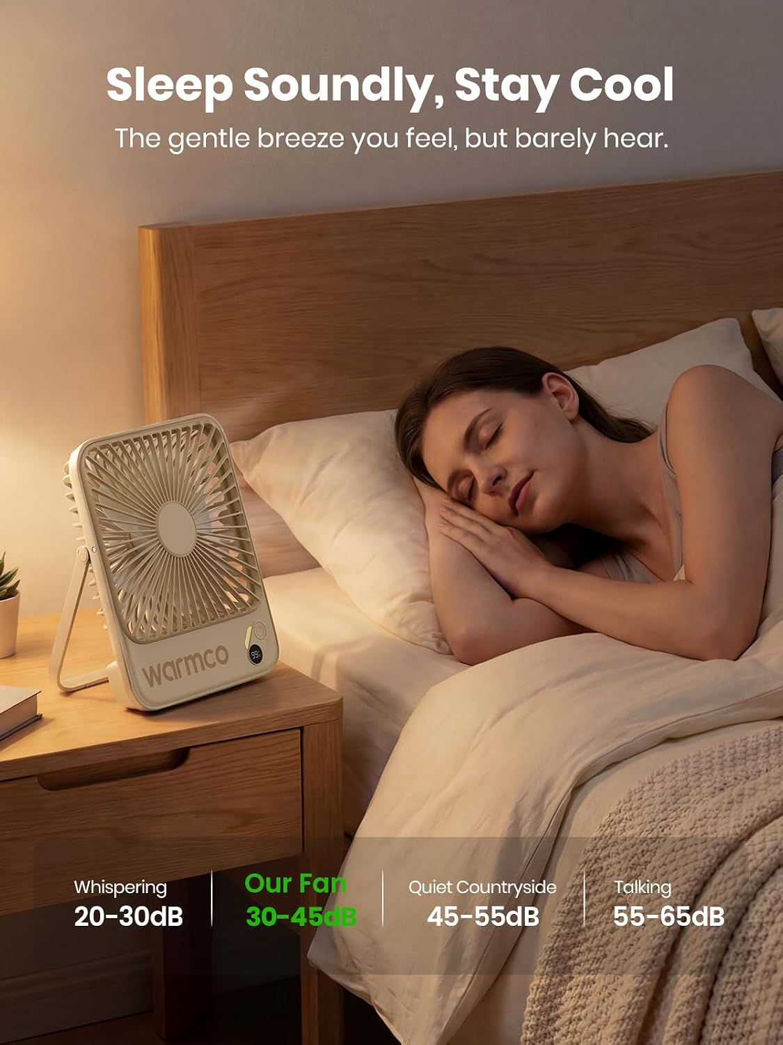 Warmco D3 Portable Travel Fan 10000mAh, Ultra-Slim, 24H Runtime | Quiet 7-Inch Rechargeable Desk Fan, Digital Display For Sleeping, Office, Bedroom & Cruise