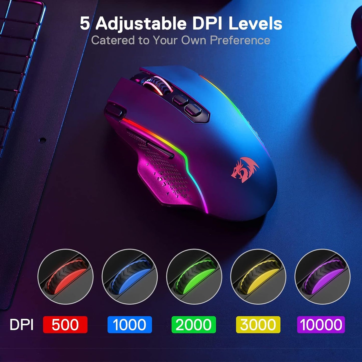Redragon M810 PRO Wireless RGB Gaming Mouse 10000 DPI Remapping Keys | Cable-Free 0 Delay, Rapid-Fire Macro Keybinds, Vibing Backlight, Ergonomic Grip Body Comfort
