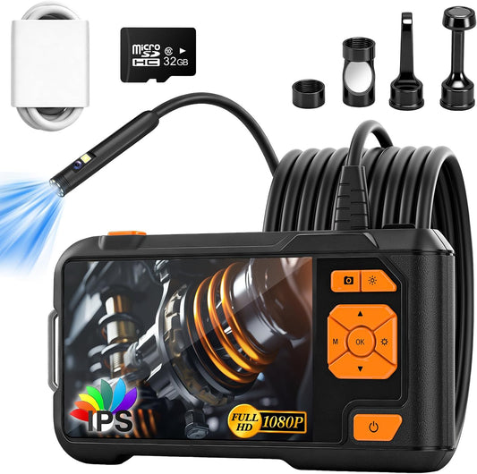Dual Lens Endoscope Camera with Light, 1080P Borescope | 5" IPS screen inspection camera with 16.5FT semi-rigid snake cable & 32GB card for automotive plumbing