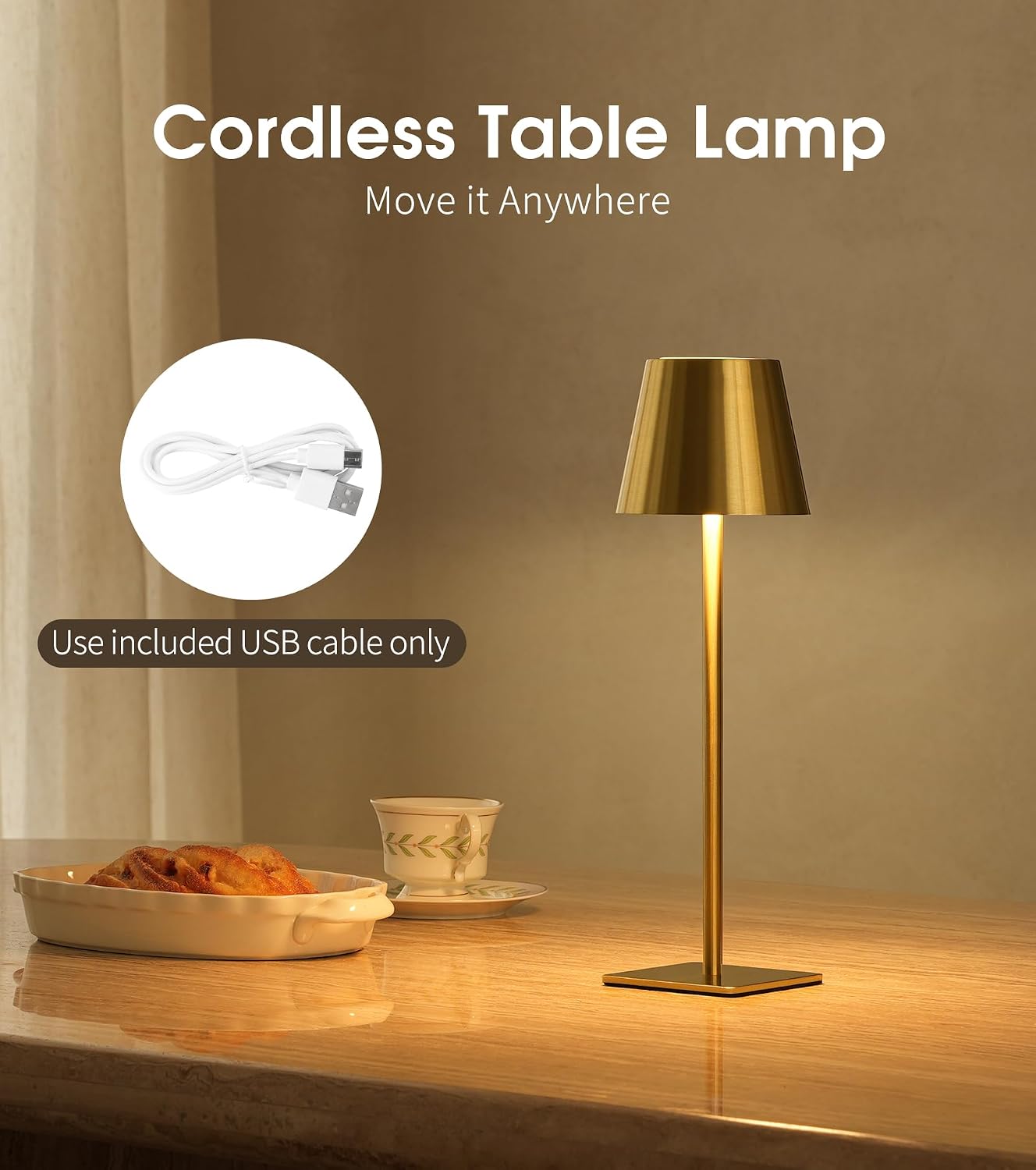 UME 3 Pack Cordless Table Lamp, Battery Operated Lamp - Portable Waterproof Rechargeable Table Lamp w/ 3 Color Temps & Stepless Dimming for Dinner, Desk, Cafe, Outdoor (Brushed Gold)