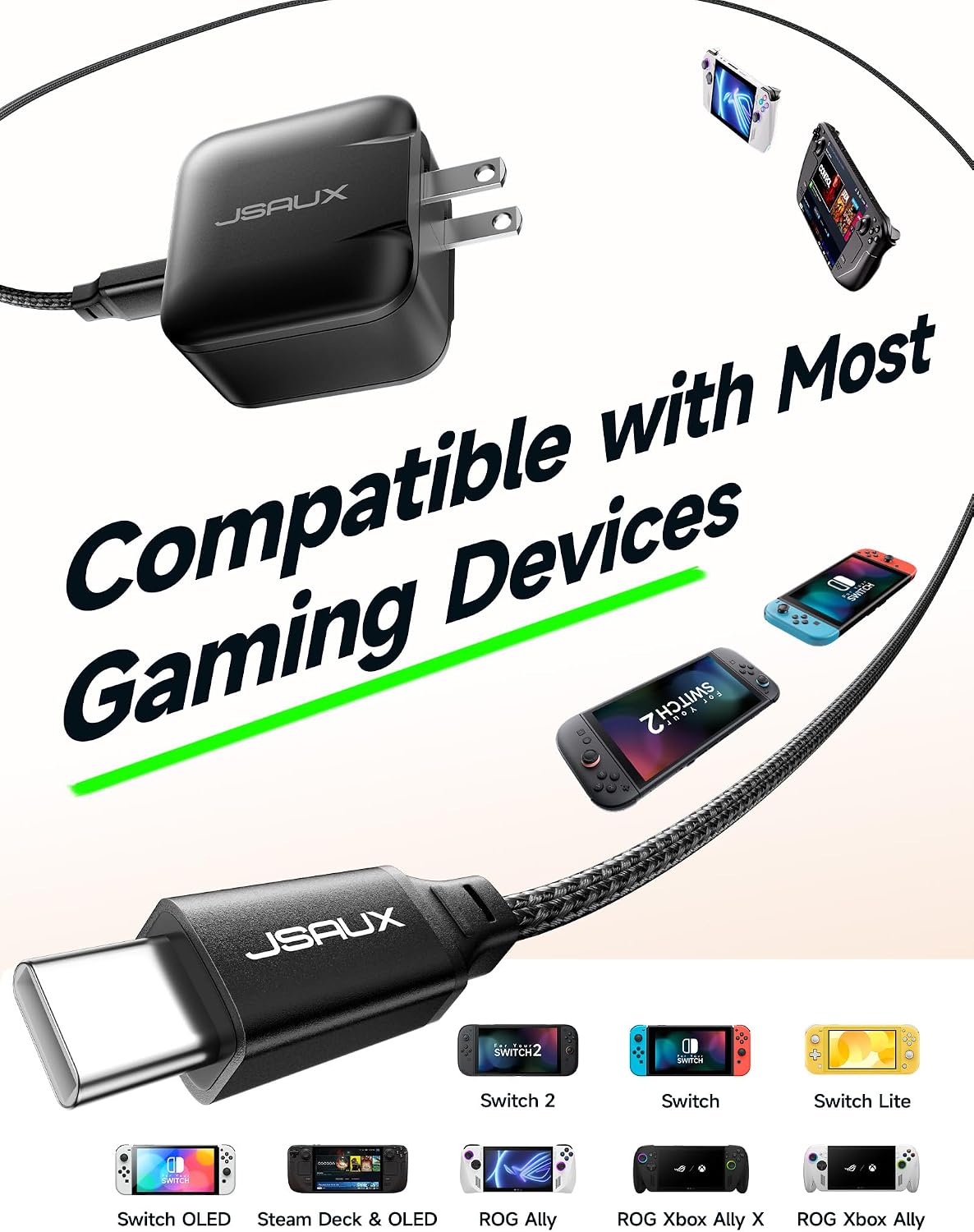 JSAUX 65W GaN USB C Charger for Switch 2, EU/UK Plug, 6.6FT Cable, Black | Powers in TV Mode, GaN PD Fast Charge for ROG Xbox Ally, Steam Deck, ROG Ally, iPhone 17, Galaxy, Tablet & Laptop
