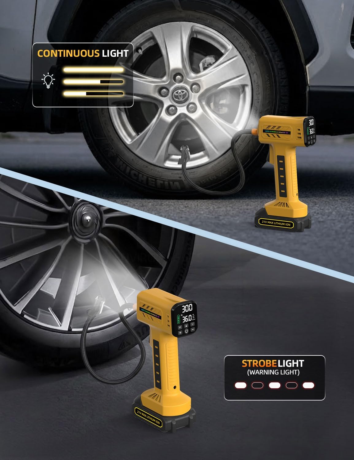 Tire Inflator Portable Air Compressor, 160 PSI Cordless Tire Inflator with 10,000mAh Battery & 12V DC, Auto Shut-Off Digital Display, Replaceable Hose for Car SUV Motorcycle Bike Balls - Yellow