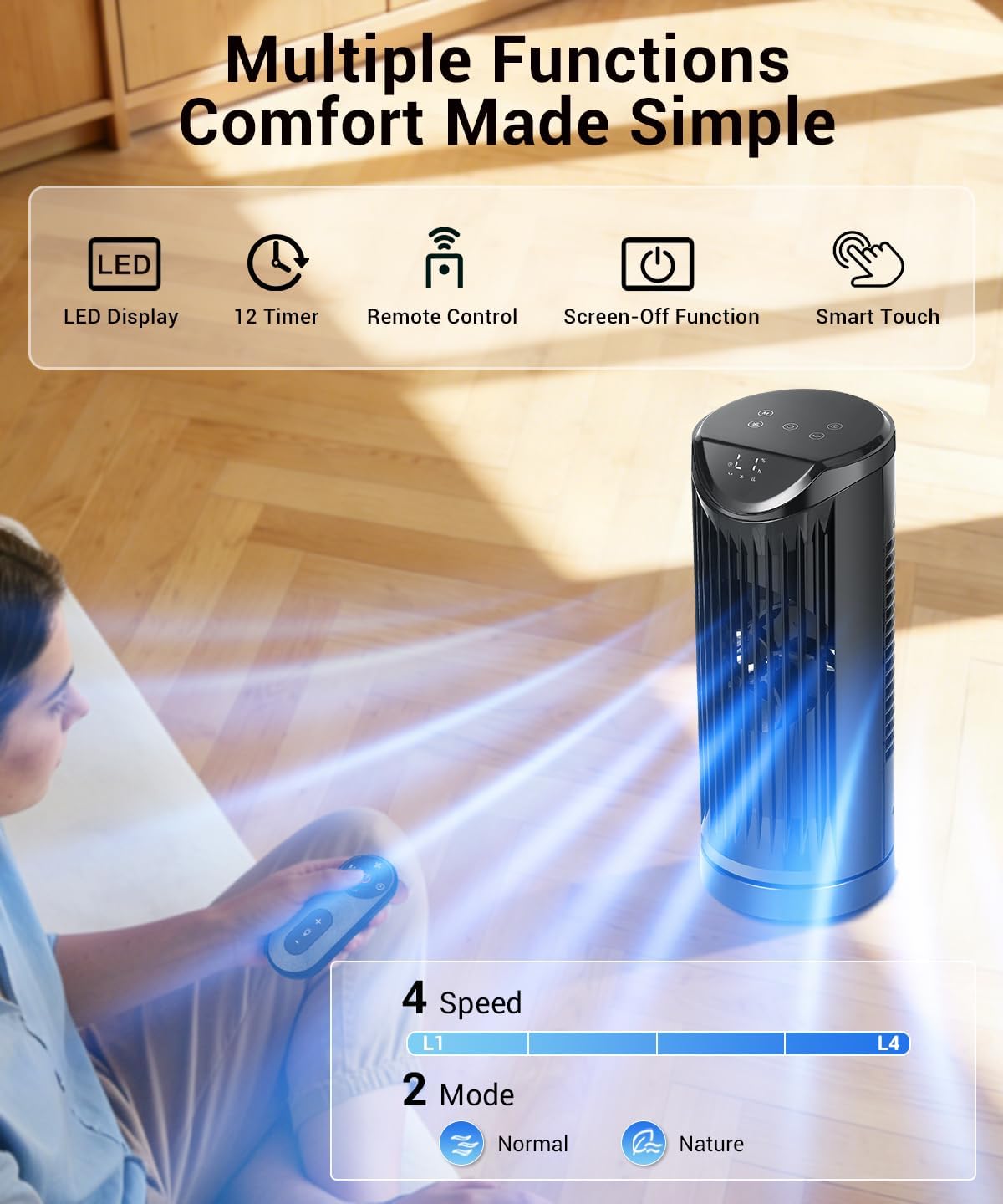 Personal Tower Fan for Bedroom, 25dB Quiet Fans that Blow Cold Air | 4 Speeds Cooling Standing Fan with 12H Timer,Remote,60° & 110° Oscillating Floor Tower Fan for Bedroom Office,Black