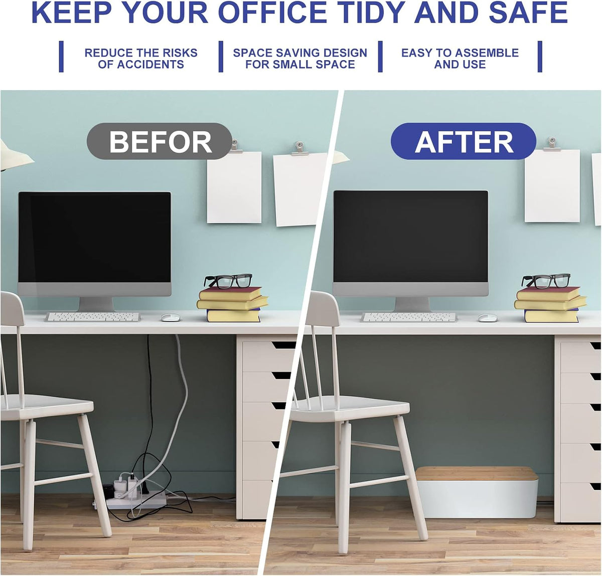 Cable Management Box - Wooden Style Large Cord Organizer Box to Hide Wires & Power Strips | Desk Computer Cable Organizer Box | Safe ABS Material |16" (L) x 6.2" (W) 5.3" (H)|for Home & Office - White