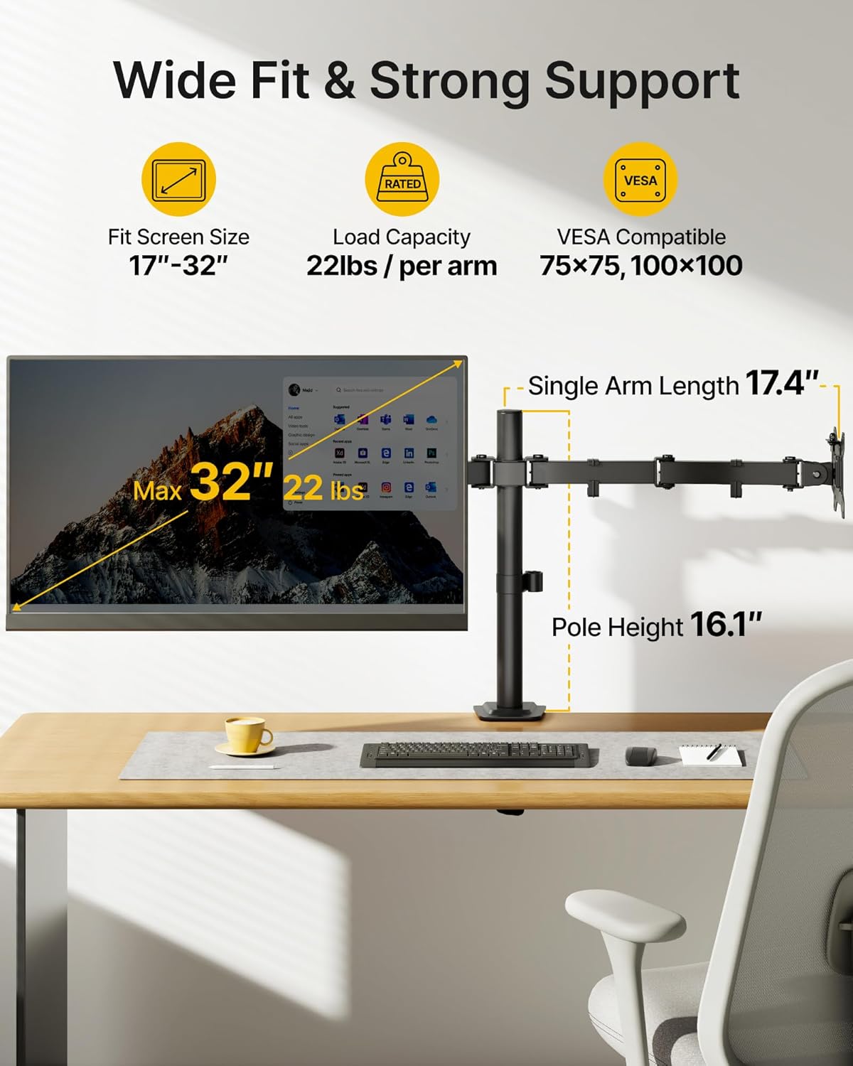 monTEK Heavy-Duty Dual Monitor Stand for 17-32", 22 lbs Each | Adjustable dual monitor mount, full-motion arms, clamp/grommet bases, cable management and VESA 75/100