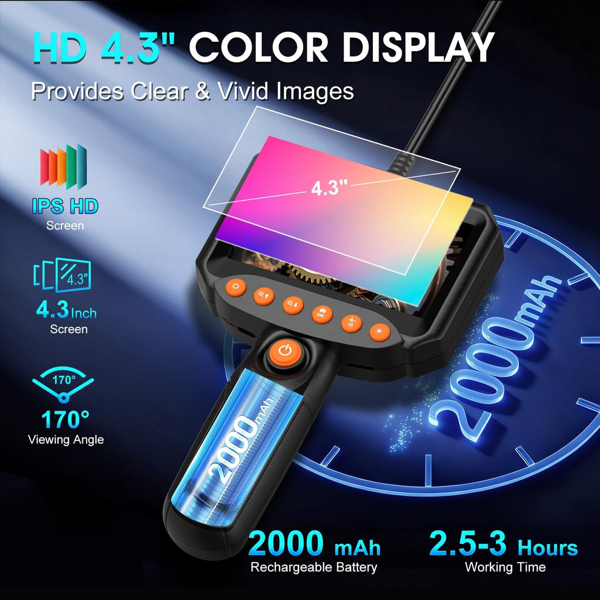 Dual Lens Endoscope Camera with Light, 1920P HD Industrial Borescope with 4.3" LCD, IP67 Waterproof Inspection Camera, 16.4FT Semi-Rigid Cable, 8 LED Lights 32GB Card, for Sewer Pipe Car Repair(Black)