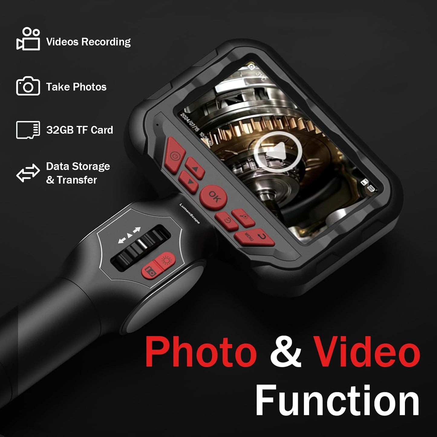 2-Way Articulating Borescope w/Light,0.24in Probe Endoscope for Auto Engine | 1080P IPS Screen, IP67 Waterproof 5.3FT Fiber Optic Cord, 32GB Storage, Carry Bag, No App for Auto, Plumbing & HVAC Work