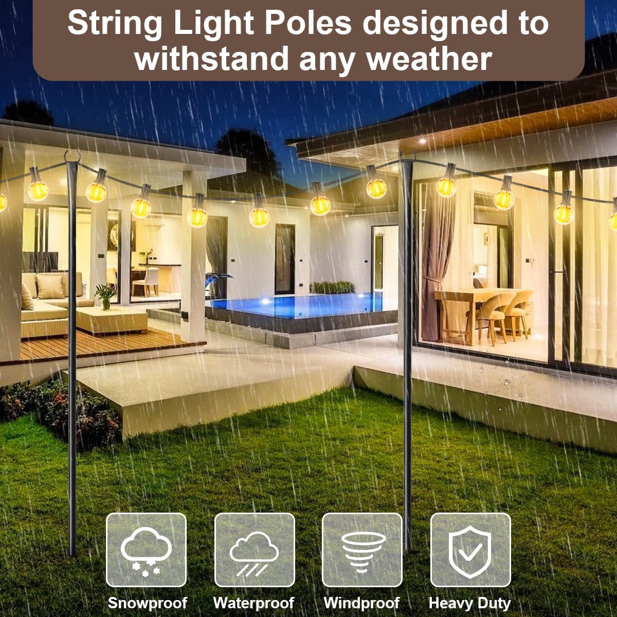 6 Pack 9FT String Light Poles for Outdoor,Metal Lights Hanging Pole Outside with Fork,Light Stand for Patio, Pergola, Garden, Backyard, Yard, Camping Party