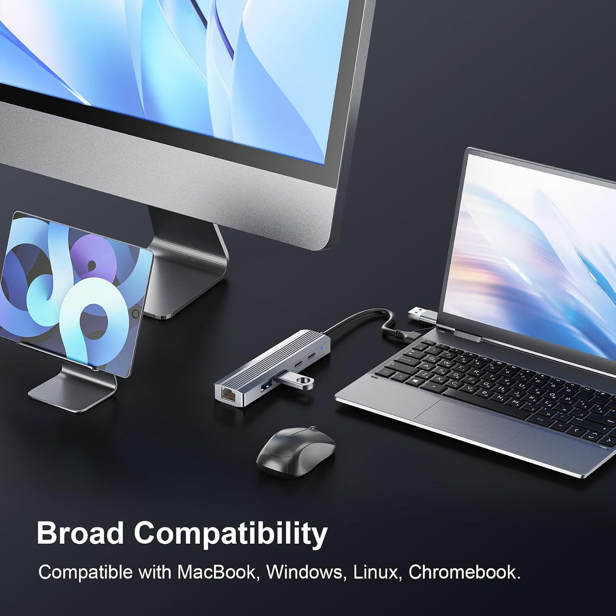 USB C/USB Hub with Ethernet, 5-in-2 Multiport Adapter for Laptop iPad