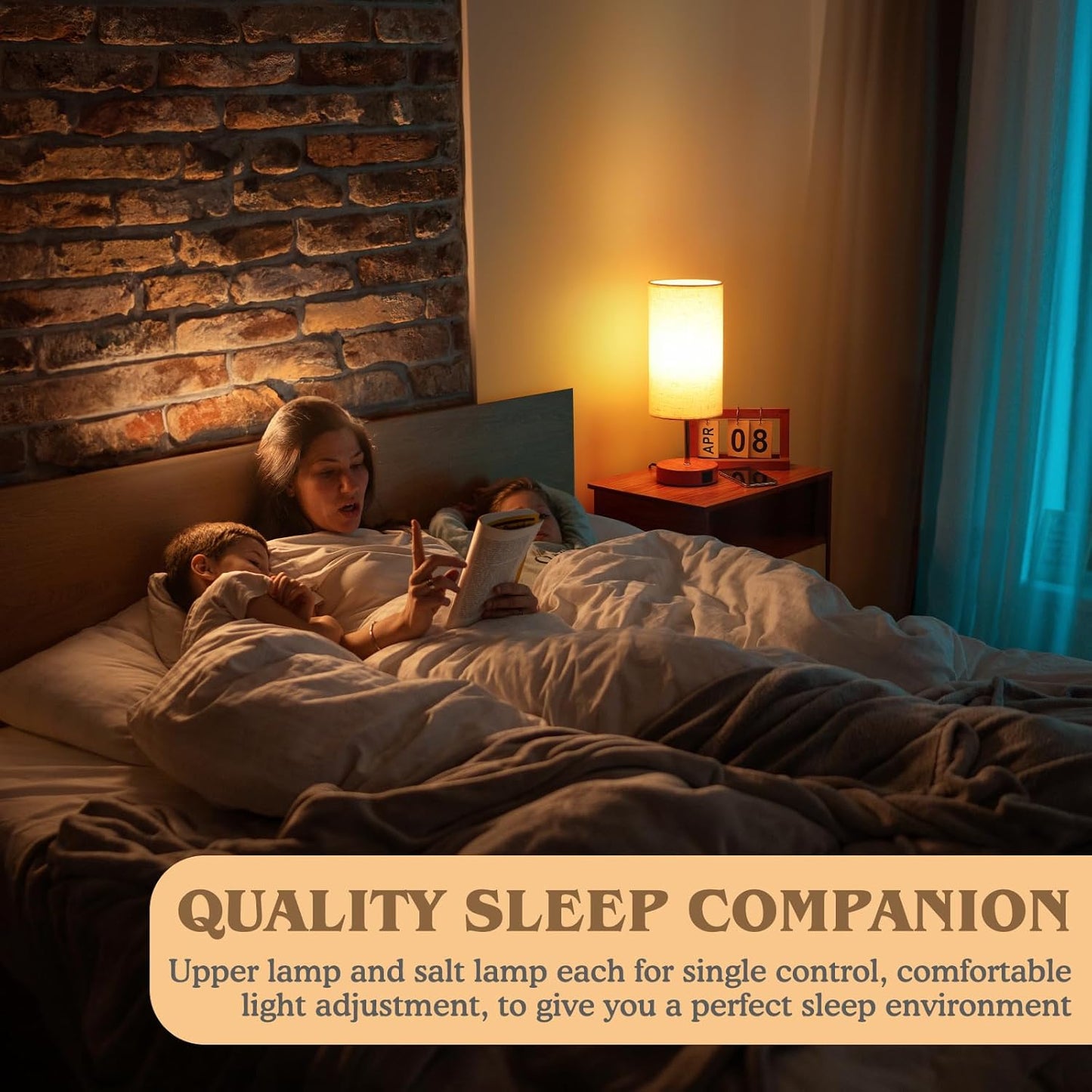 UNIFUN Nightstand Lamp, Touch Dimmable with USB-C Charging & Bulb | Includes E26 LED bulb，4 Brightness Levels，USB-A and Type-C ports，Natural wood base paired with a soft linen fabric shade