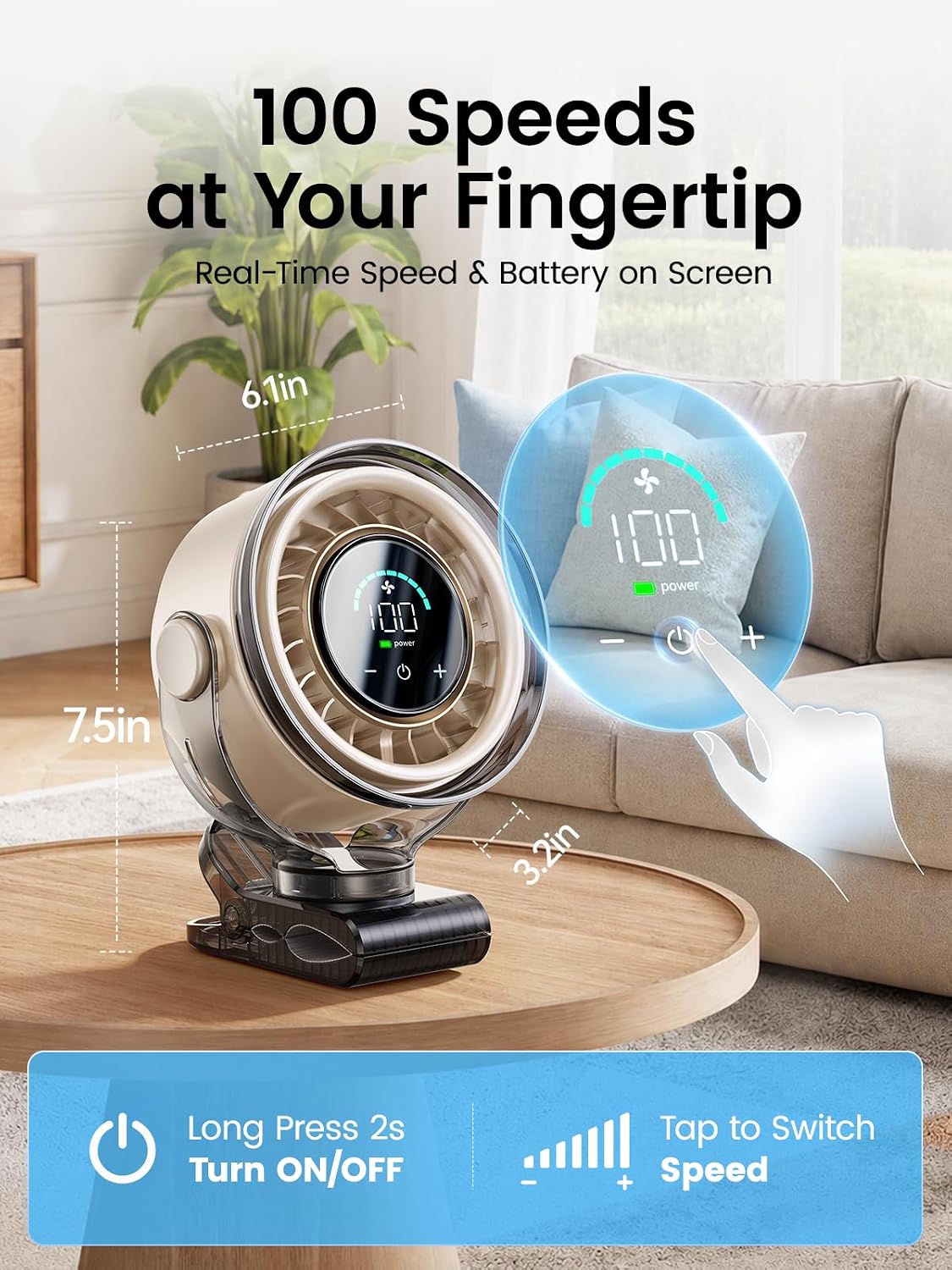 Clip on Fan, Rechargeable USB Fan with Sturdy Clamp, LED Display, 100 Speeds, 3000mAh Battery, 360° Rotation, 5.5 Inch Portable Fan for Stroller Bed Camping Treadmill Car White