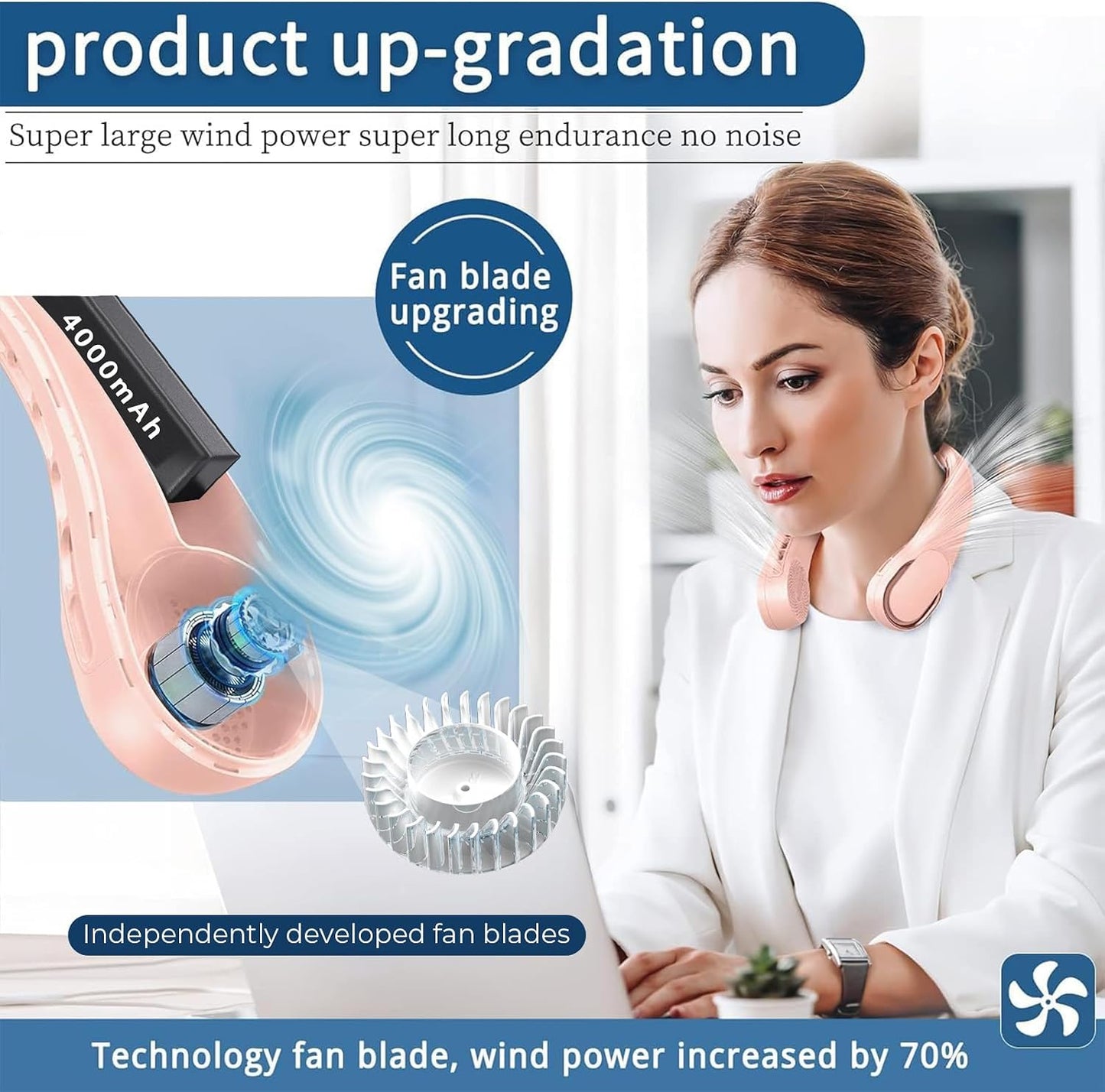 ASNUG Portable Neck Fan, Neck Fans for Women, 4000 mAh Rechargeable Personal Fan,360° Hands Free Bladeless Fan, 3 Speeds Adjustable, Faster Cooling, Super Quiet, Suitable for Home, Office, Travel