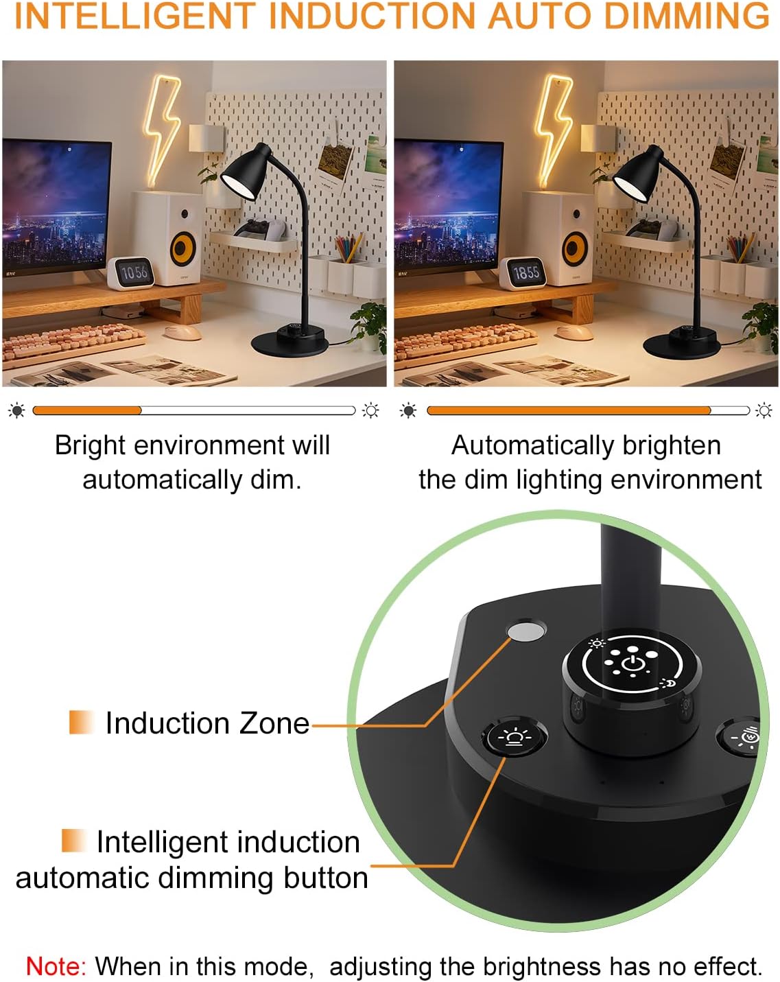 BOHON LED Desk Lamp with USB Charging Port 3 Color Modes Dimmable, Black | Reading Light Intelligent Induction Auto Dimming Task Lamp Neck Flexible Table Lamp for Bedside Office, AC Adapter Include