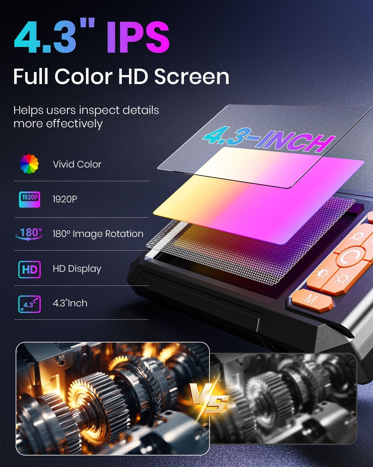 Endoscope Camera with Light, Inspection Borescope Camera 4.3" IPS Screen | 1920P HD Inspection Kamera IP67 Waterproof with 8 Adjustable LEDs 16.5 FT Cable Borescopes for Sewer Drain Pipe Cool Gadgets