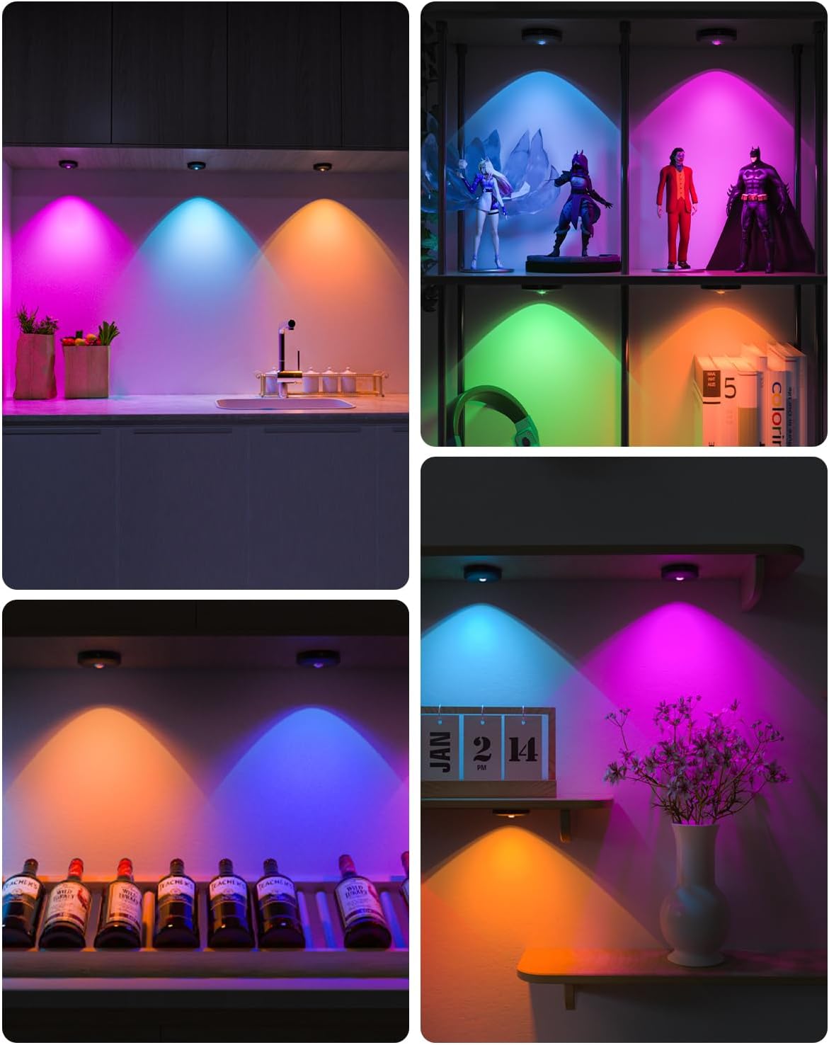 WILLED Rechargeable RGB Puck Lights with Remote Control, 1200mAh Battery Operated Tap Lights, Dimmable Touch Under Cabinet Lighting, Wireless Push Light, LED USB Shelf Light (6 Pack)