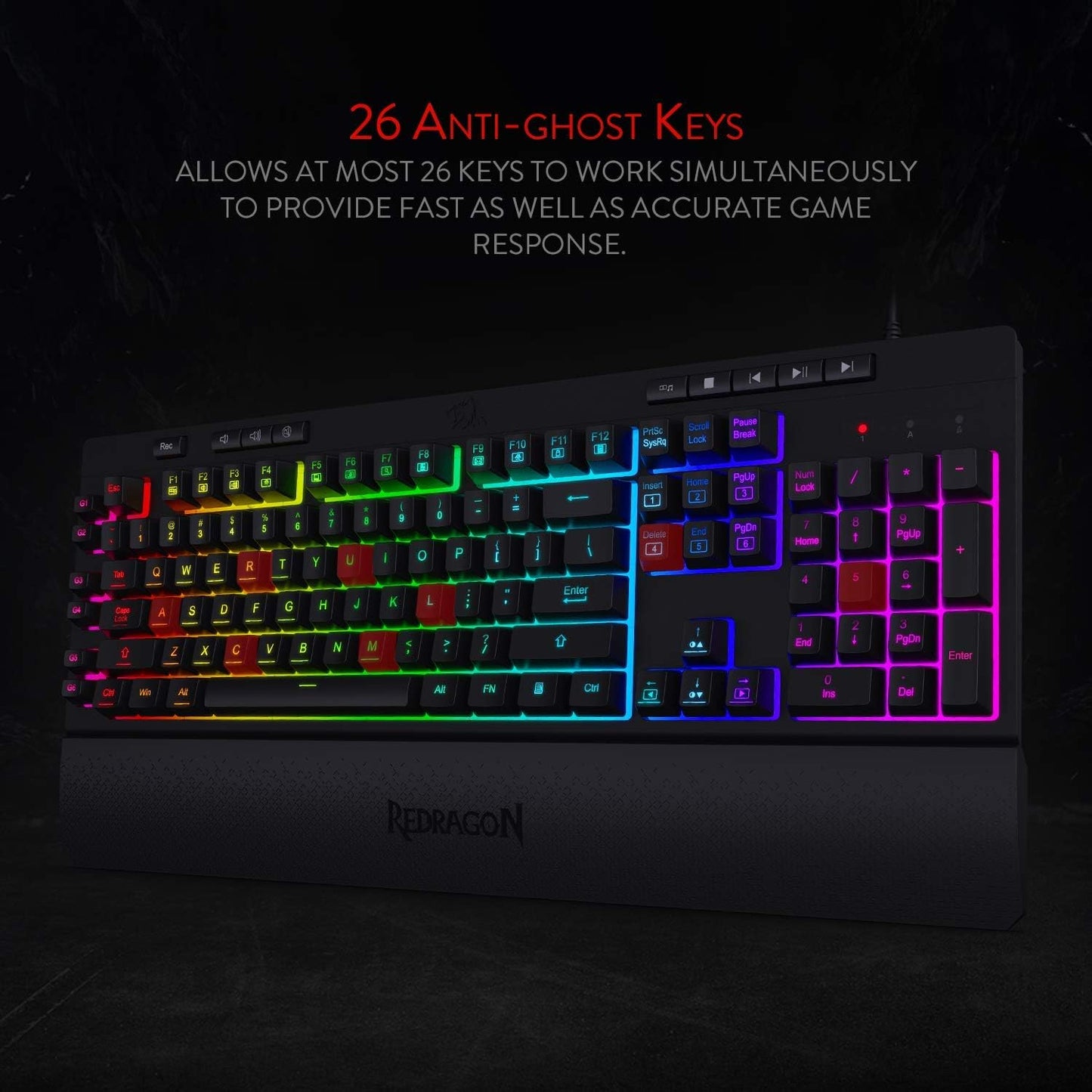 Redragon K512 RGB Membrane Gaming Keyboard, 6 Macro Keys & Easy Media Wheel | Dedicated Scroll Controls, No Software Needed 6 On-the-Fly Combos for Extensive Games, 13 Backlight Modes, Wrist Support