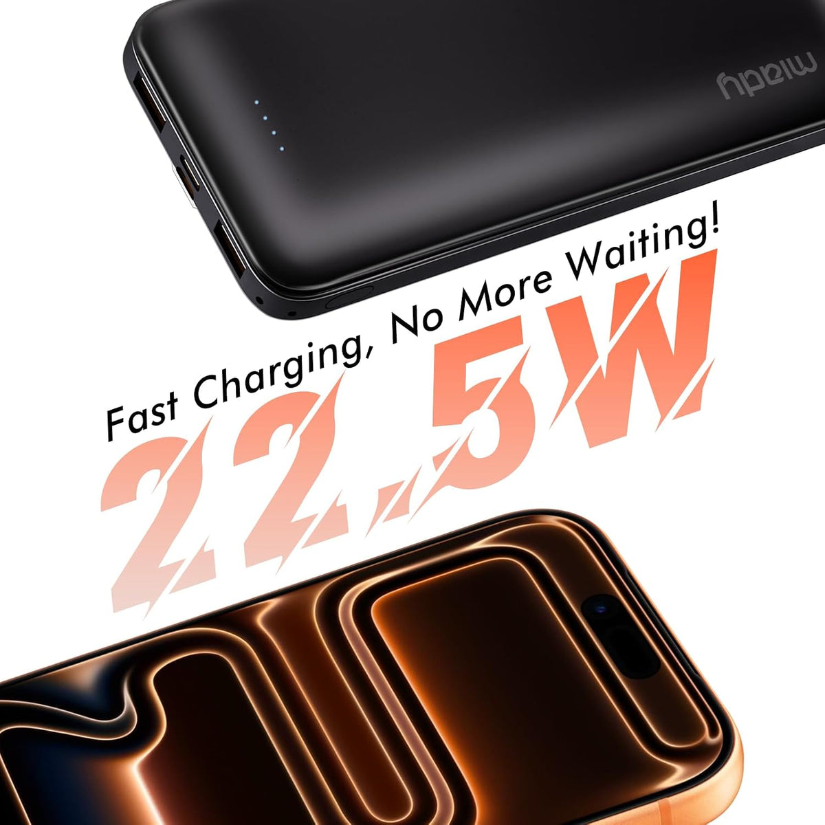 Miady 2-Pack Portable Charger 10000mAh Power Bank 22.5W Travel Battery Pack | 37Wh丨Fast Charging丨3 Outputs 2 Inputs丨Slim丨Compatible with iPhone 17 Galaxy S24 Android Tablets etc丨Flight-Safe丨Black+White