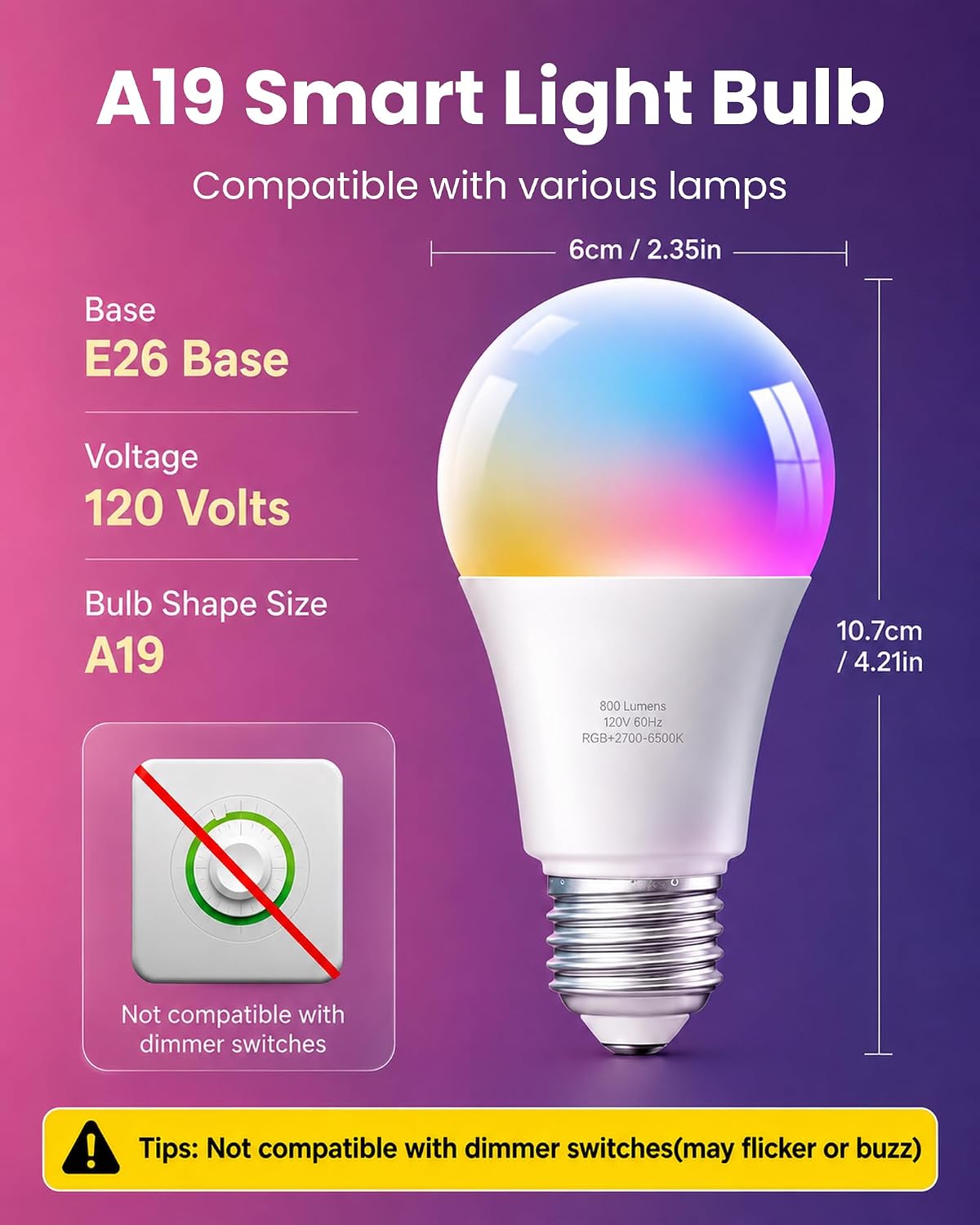 TJOY 4 Pack Smart Light Bulbs, Bluetooth WiFi Led Bulb Work with Alexa &Google Assistant, RGB Color Changing Alexa Bulbs, Music Sync, 2700K-6500K, 9W(60W Equivalent), A19 E26 800LM, 2.4Ghz WiFi only