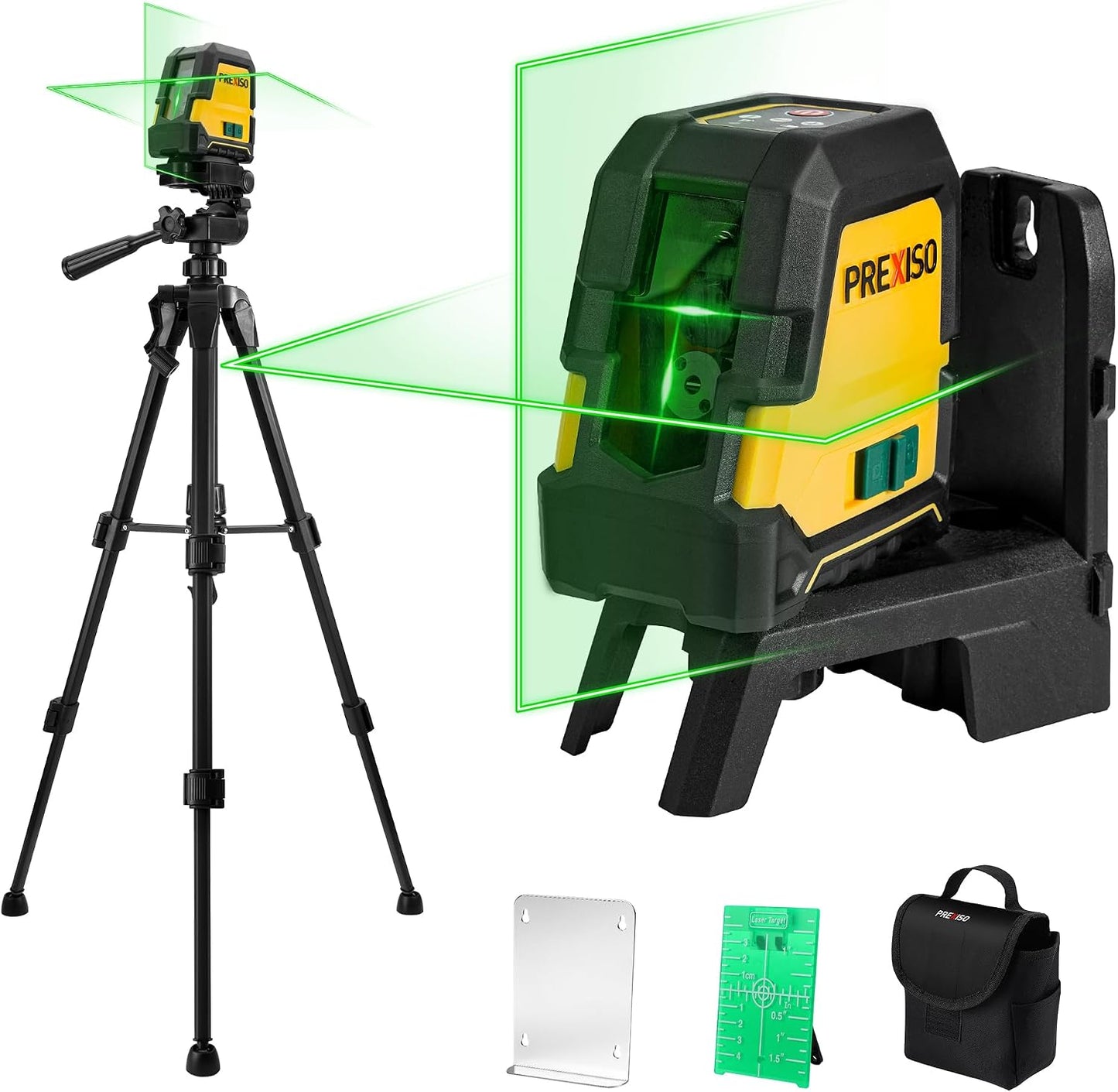 PREXISO Laser Level with Tripod, 100Ft Rechargeable Dual Modules Line Laser | Self Leveling Wide Angle Cross Leveler Tool for Construction, Floor Tile Renovation with Magnetic Base, Target Plate, Bag