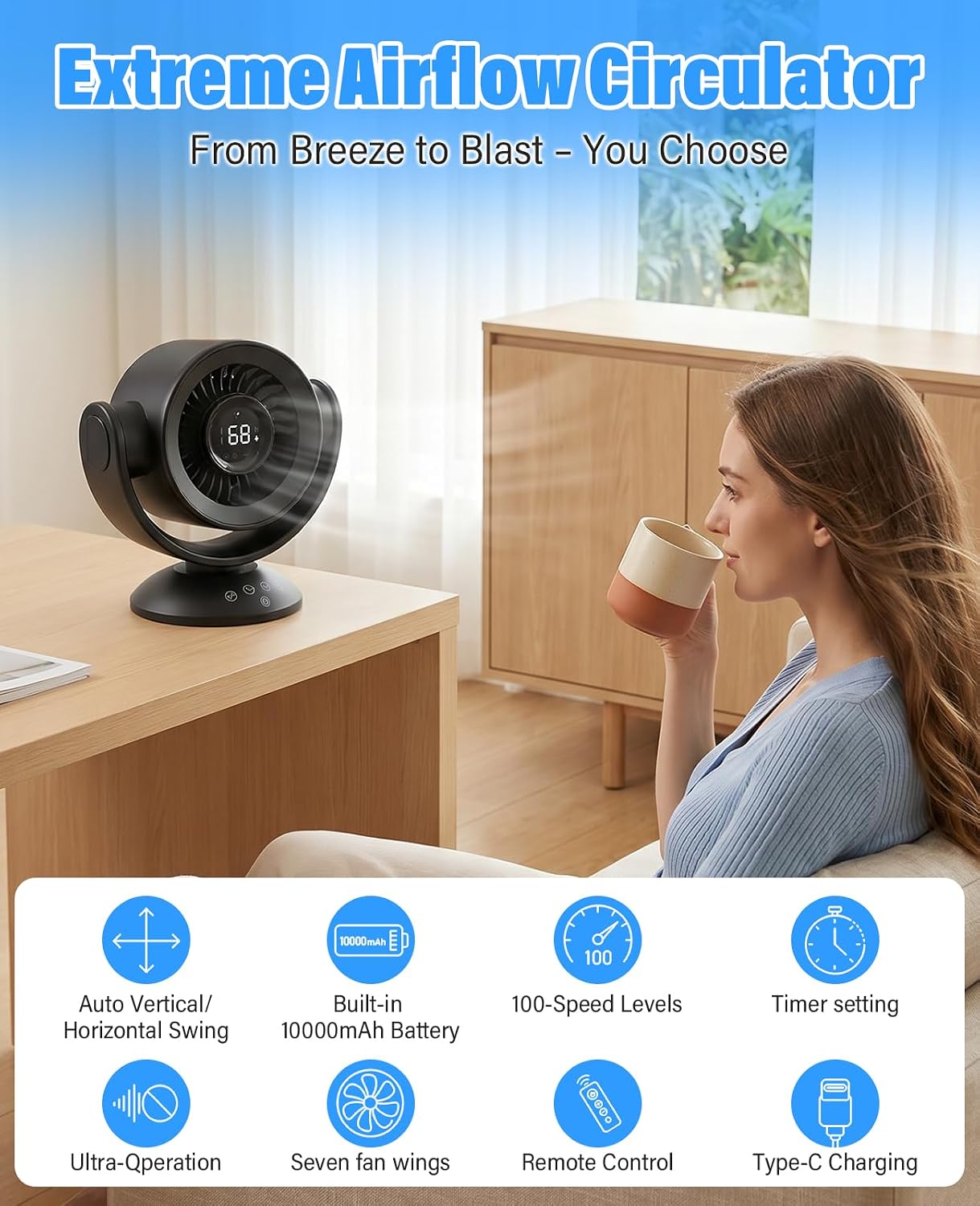 Fan for Bedroom,Desk Fans,Air Circulator Fan with Remote, 90°Vertical +120°Auto Oscillating,100 Speeds, 10H Timer, 25dB Quiet Fan,Digital Display Rechargeable USB, for Home Office Travel（Black）