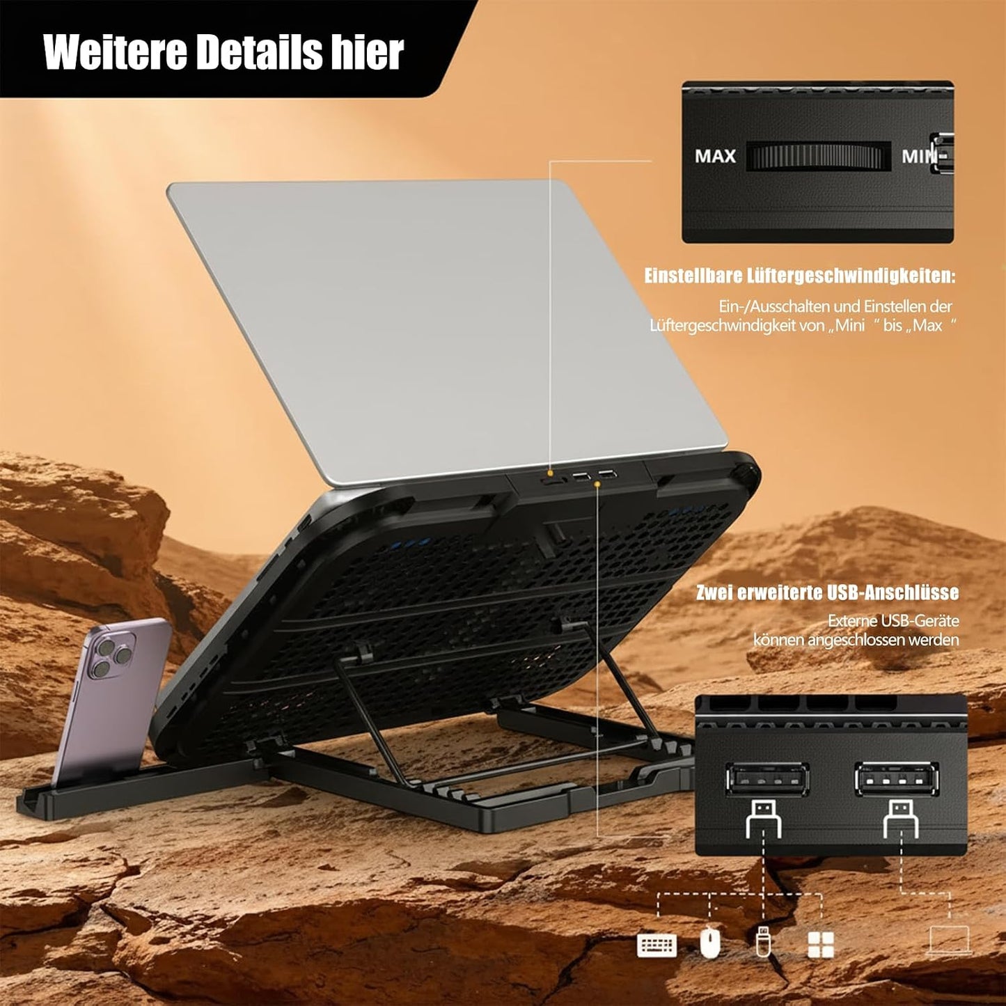 Laptop Cooling Pad with 3 Quiet Fans, 5-Level Height Adjustable Ergonomic Stand, 2 USB Ports & Phone Holder, Fits 12-17 Inch Laptops, Family-Friendly for Gaming/Work/Online Class,