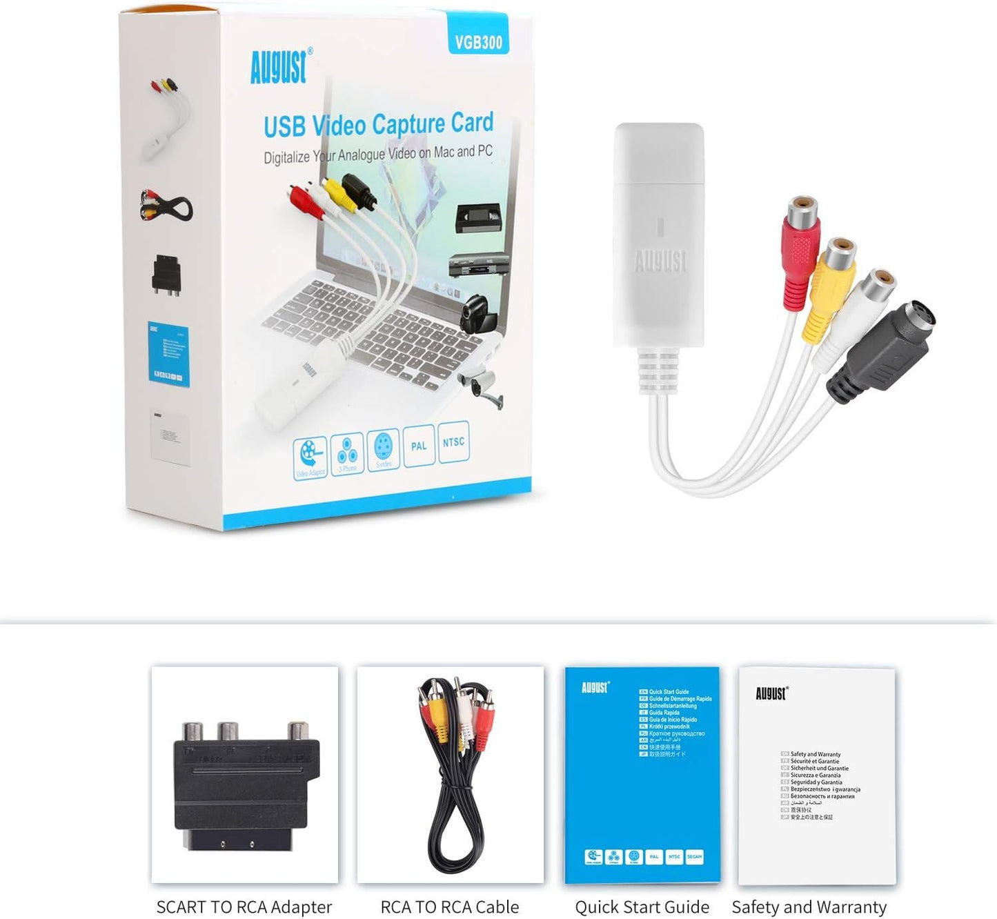August External USB Video Capture Card VGB300 - Transfer VHS Home Videos to Mac OS and PC Windows - S-Video and Composite in