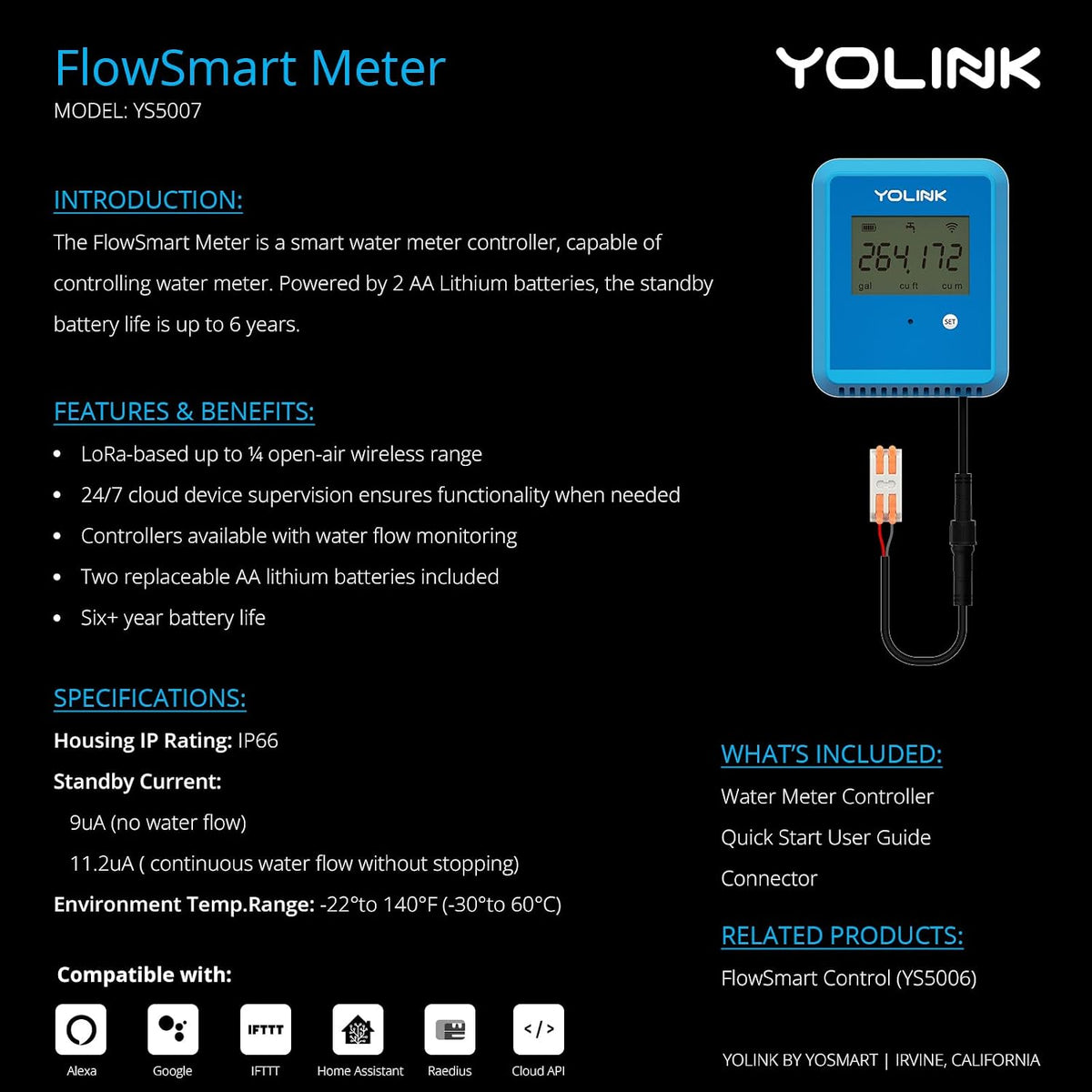 YoLink FlowSmart NSF Water Meter, Smart Water Usage Monitor and Water Leak Detection: 0.75 Inch Advanced Smart Home Water Meter, Hub Included, YS1603+YS5007