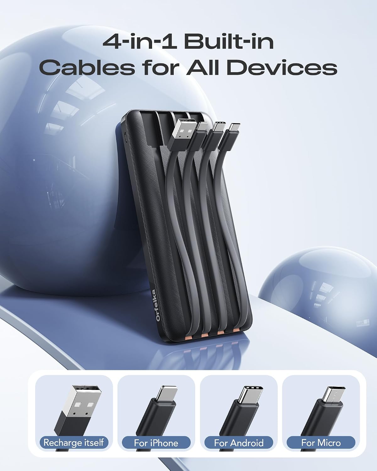 Orfeika 20000mAh Power Bank Fast Charging, Portable Charger with 4 Built-in Cables & 6 Outputs, 20W PD USB C Battery Pack Compatible with iPhone 16/15, Galaxy, Android, iPad & More (Travel Essential)