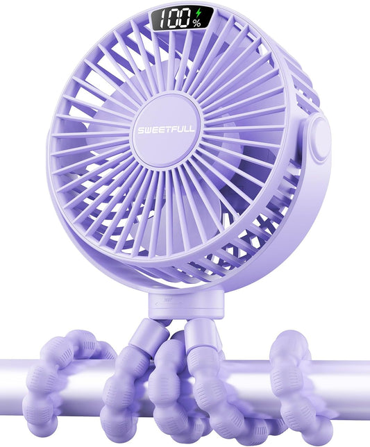 SWEETFULL Portable Stroller Fan with LED Display, 4 Speed Rechargeable Mini Clip On Fan, Built-in Non-Removable Rechargeable Battery,Sealed housing