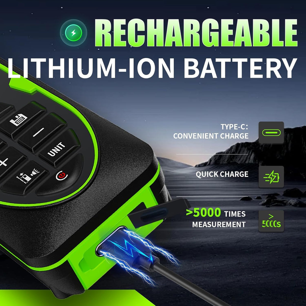 Green Laser Distance Measure USB-C Rechargeable Live XY Angle Sensor | High-Accuracy, Area / Volume / Pythagorean, Ft/In/Ft+In/M Unit Switching, Compact, Home DIY Woodworking Indoor Projects Gift
