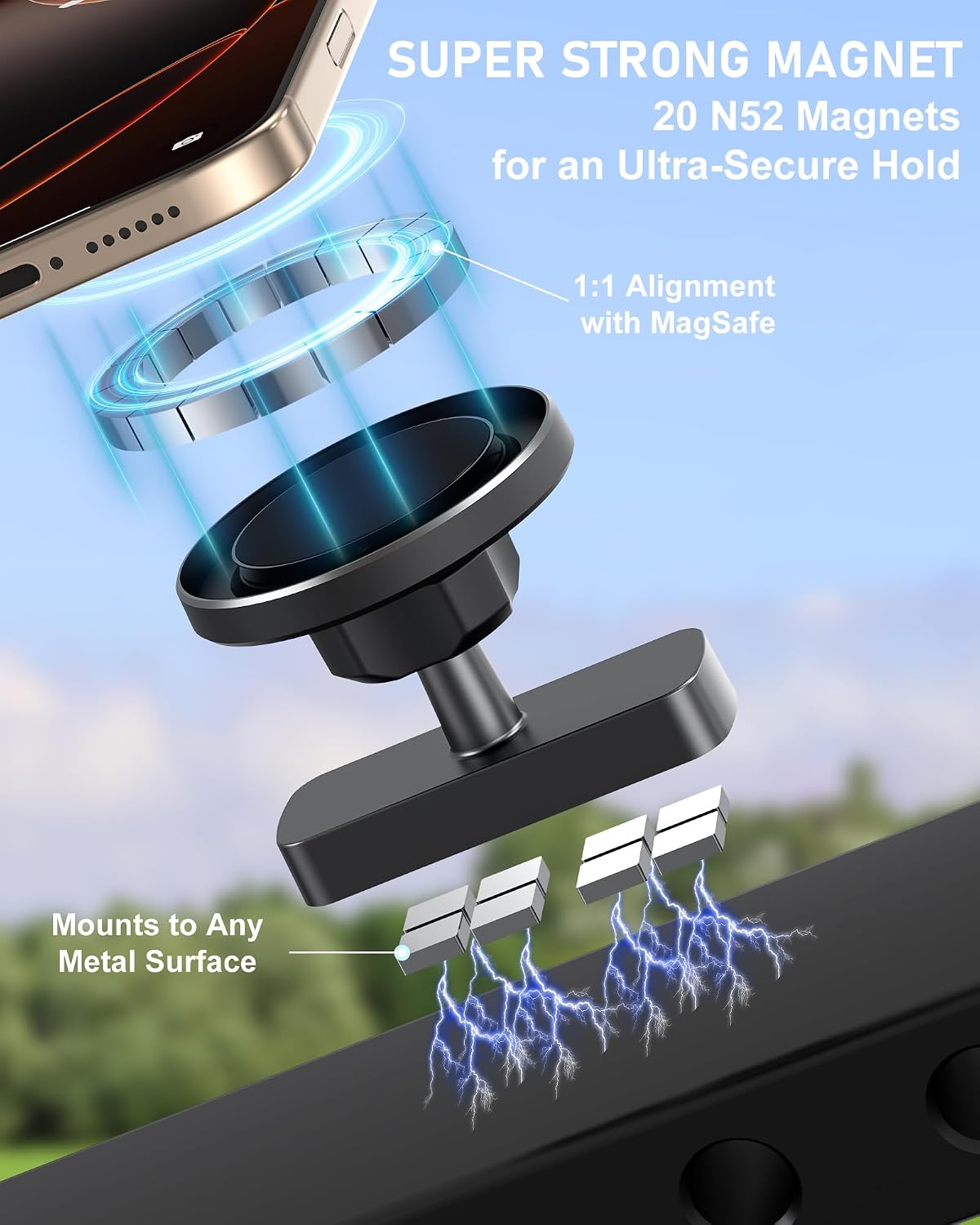 Magnetic Golf Cart Phone Holder, Mount Compatible with MagSafe iPhone 12-17 | Strong 20x N52 Dual Magnets, Cradle-free, Fits Ezgo, Club Car, Yamaha and Icon, Golf Cart Accessories for Men and for Golfers