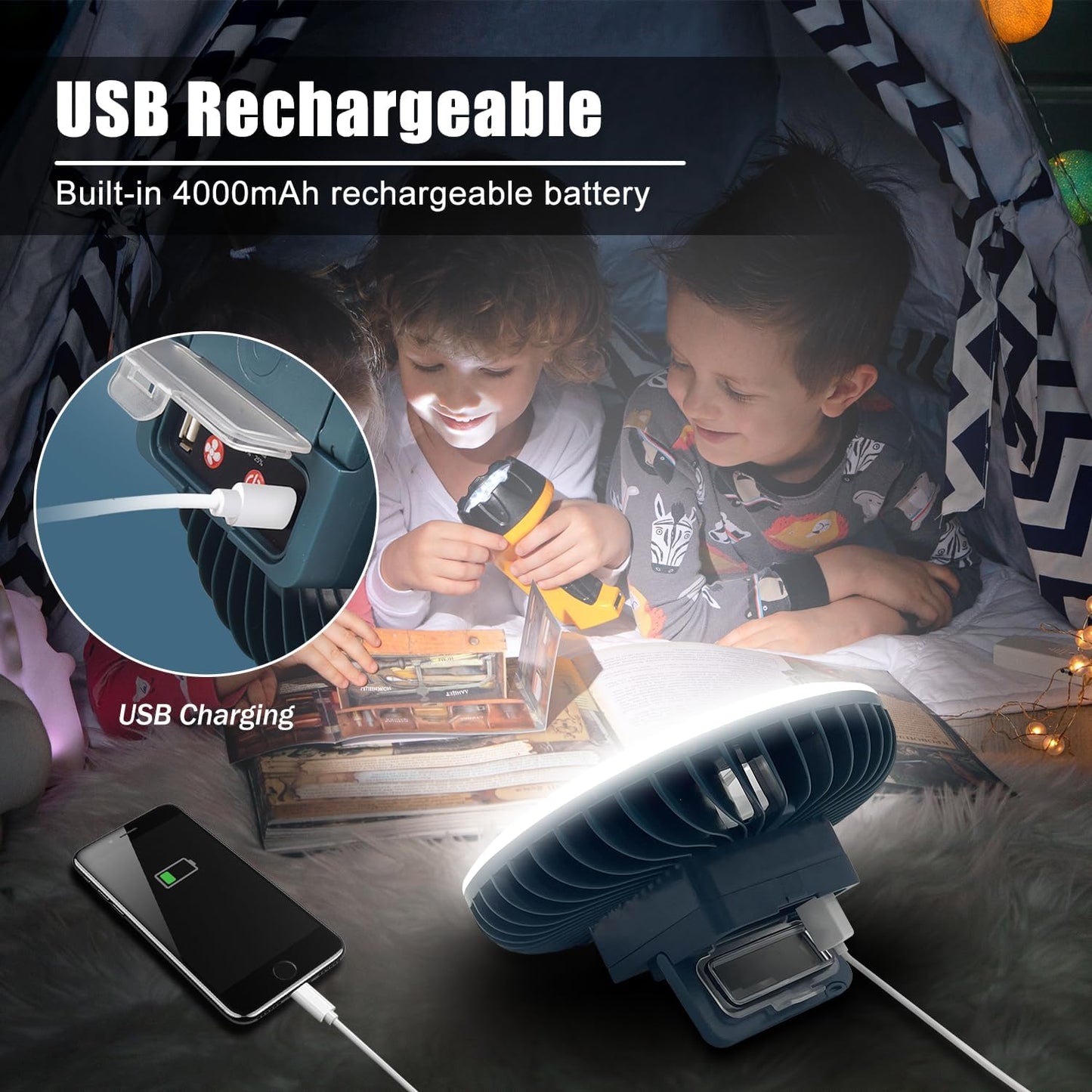 Portable Camping Fan with LED Lantern XTAUTO USB Rechargeable Waterproof Tent Fan with Hanging Hook Magnet Survival Kits for Indoor Outdoor Hiking Car Office Desk Outdoor Emergency Power Outage 2-pack