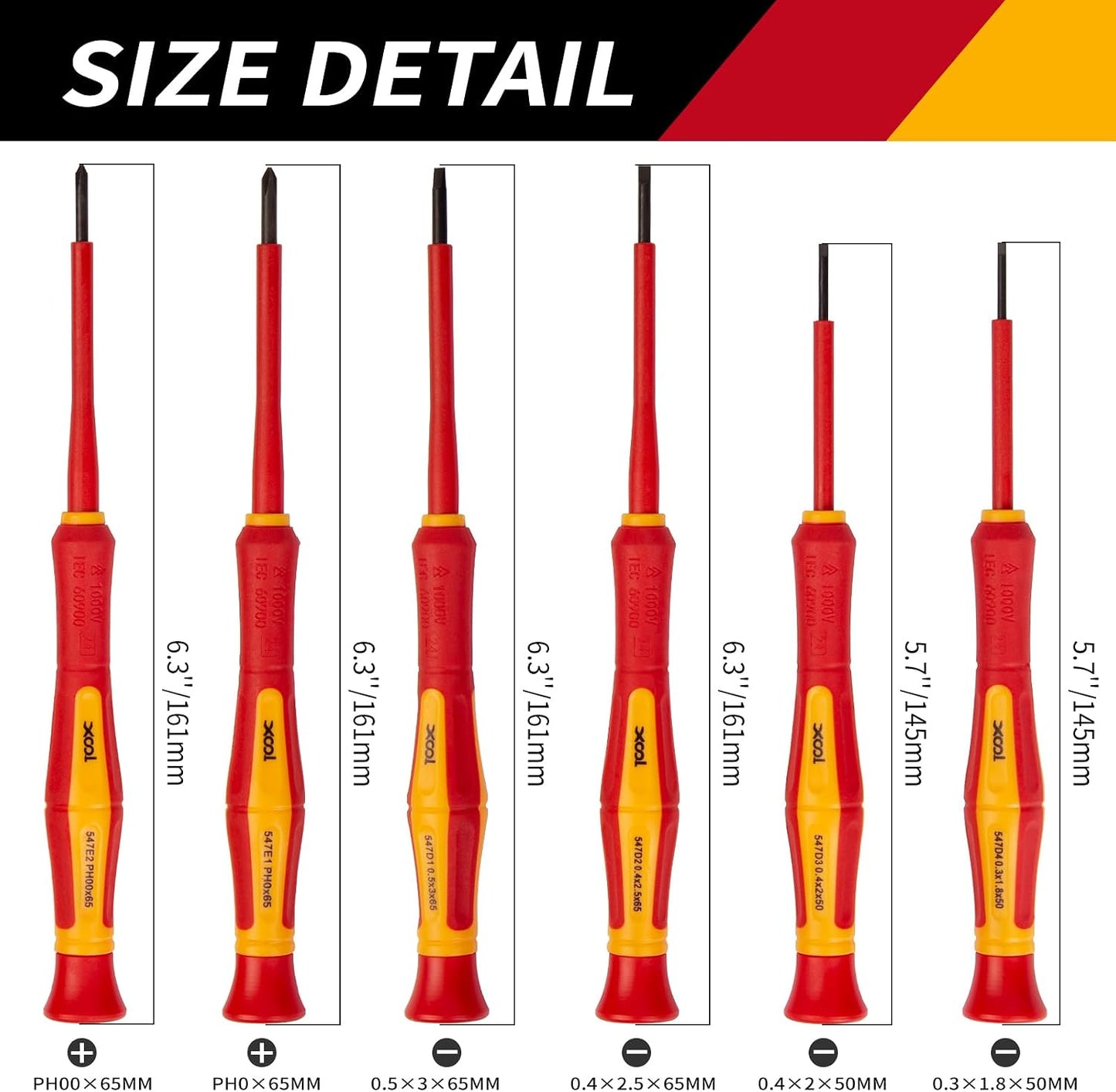 XOOL 6PCS 1000V Insulated Precision Electrician Screwdrivers Set, Slotted and Phillips Magnetic Tip, Chrome Vanadium Steel, VDE & GS Certified for Safe Electrician Repair