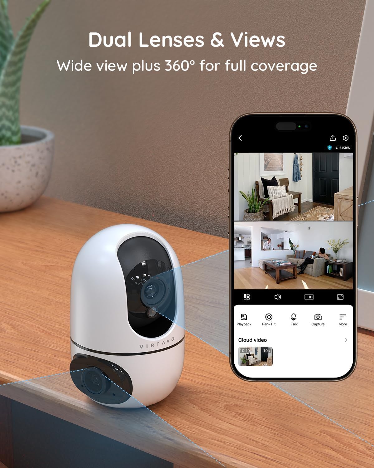 VIRTAVO XD1 Indoor Security WiFi Camera, No Subscription Required, Dual-Lens 360° PTZ Baby Monitor & Pet Cam, Motion Tracking, 2-Way Audio, Night Vision,Optional Cloud/SD Storage, Phone App, Wired