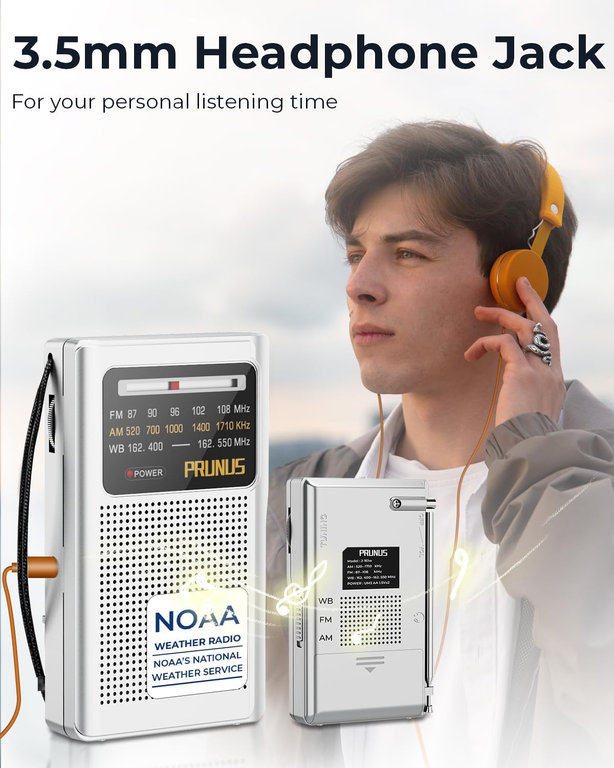 NOAA Weather Radio AM FM, AA Battery Radio for Power Outages PRUNUS J161 | Handheld, Best Reception,Stereo Earphone Jack, for Emergency, Hurricane, Storm, Running, Walking,Home, Transistor Radio