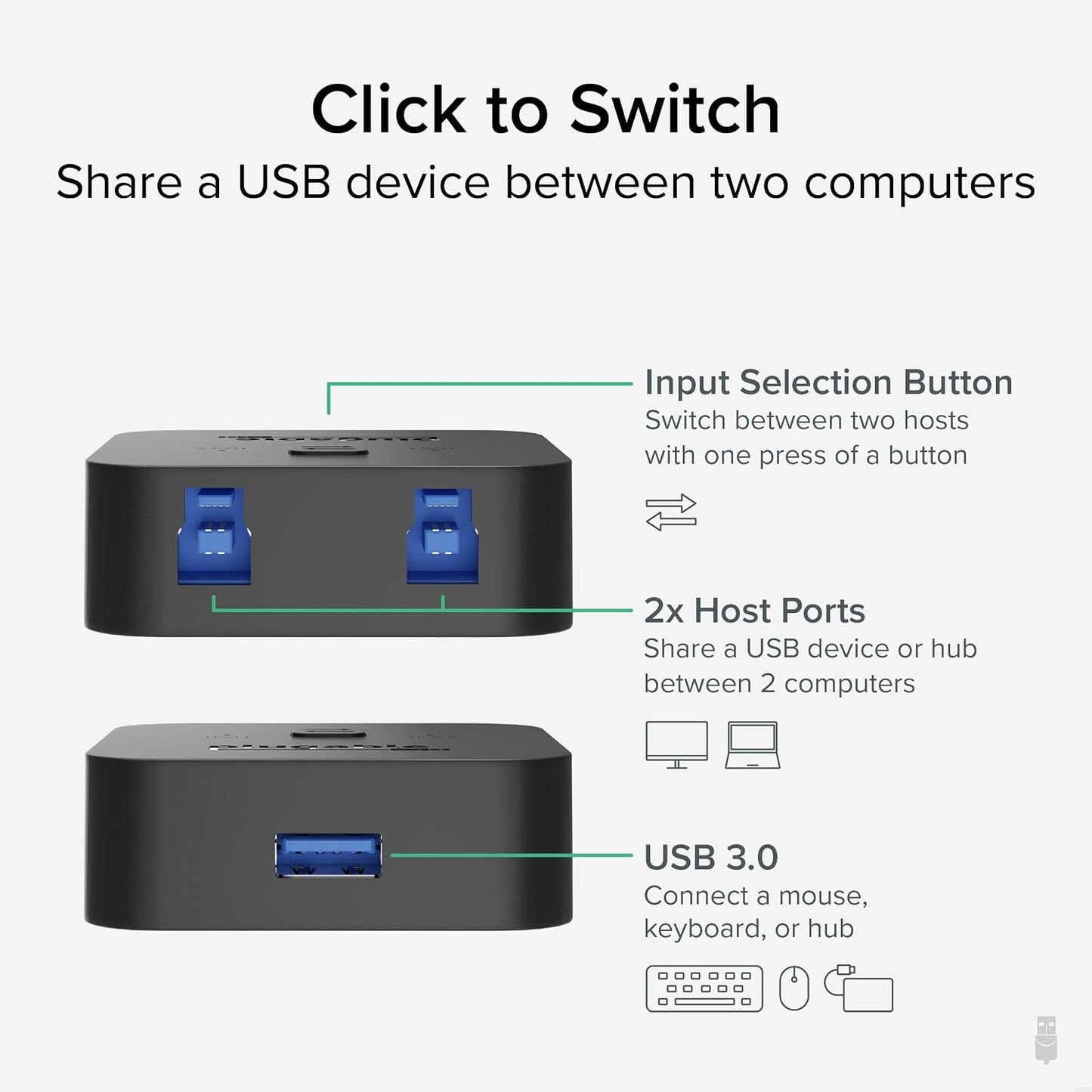 Plugable USB 3.0 Sharing Switch, One-Button USB A Switch to Share Devices Between 2 Computers | KVM Switch for Keyboards, Docking Stations & More