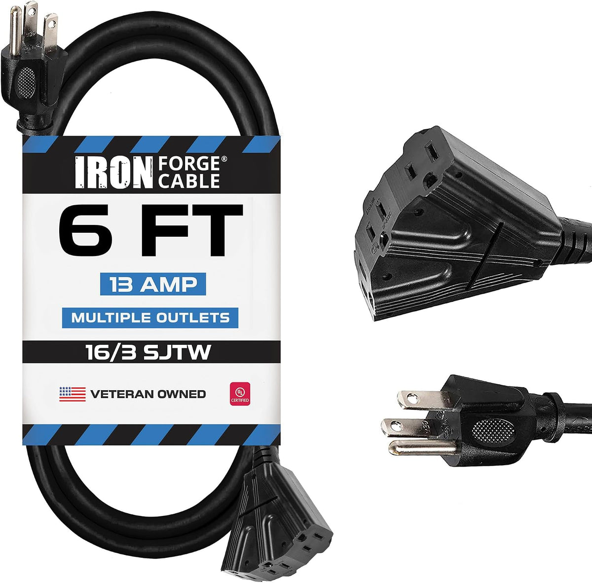 Iron Forge Cable 6 Ft Black Extension Cord with 3 Outlets - 16/3 SJTW 6 Foot Extension Cord 3 Prong, Weatherproof Exterior Power Cable for Outdoor