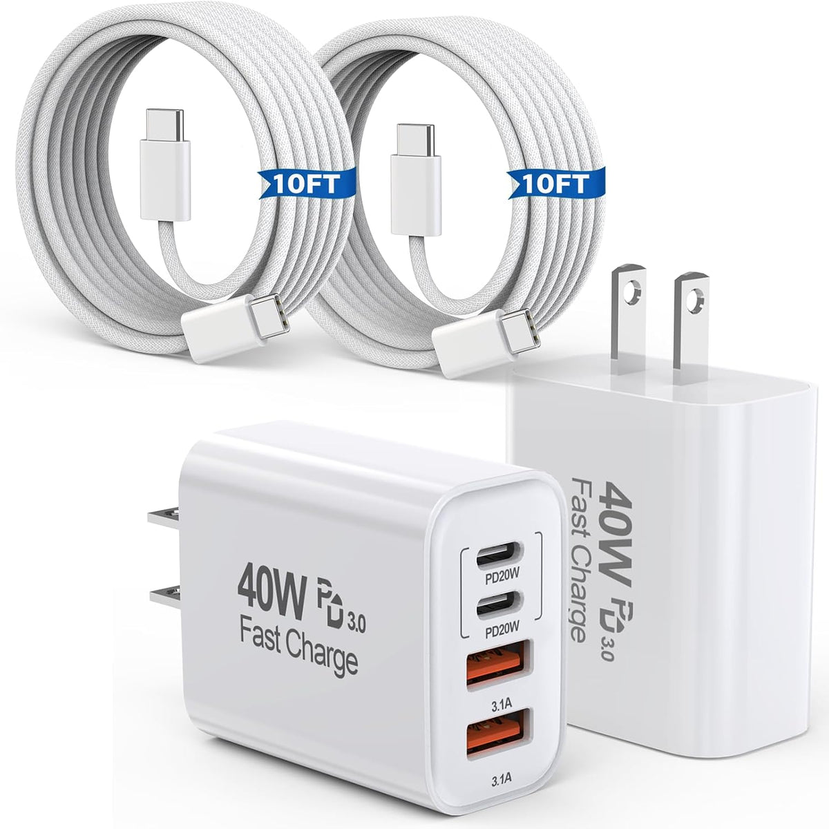 10FT iPhone 17 16 15 Pro Charger,2Pack 10Foot USB C to C Woven Cable Cord 40W USB C Apple Charger 4 Port PD&AC Charge Block Fast Charging for iPhone 17 Air/17 16 15 Pro Max/16e/16 Plus/15/15 Pro/iPad