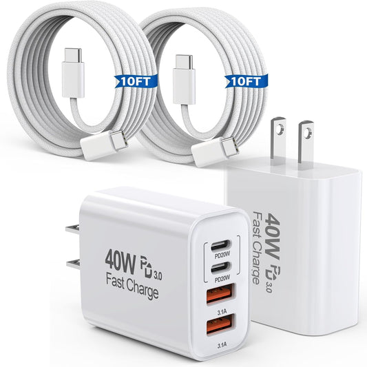 10FT iPhone 17 16 15 Pro Charger,2Pack 10Foot USB C to C Woven Cable Cord 40W USB C Apple Charger 4 Port PD&AC Charge Block Fast Charging for iPhone 17 Air/17 16 15 Pro Max/16e/16 Plus/15/15 Pro/iPad