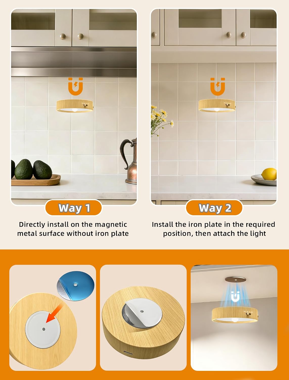 3-Pack Under Counter Lights for Kitchen Shelf Lights Stick On Lights Wood