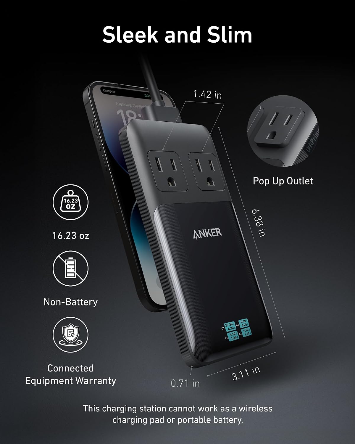 Anker Prime Charging Station, 140W 6-in-1 Travel Power Strip, 2 USB C | 2 AC, 2 USB A, 5ft Detachable Extension Cord with Multiple Outlets, Desk Accessories, Home Office (Non-Battery/Wireless)