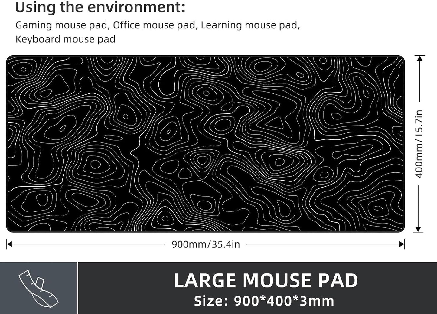 Rinaze Extra Large Gaming Mouse Pad with Black Topographic, XXL Mousepad, Big Mouse Mat Desk Pad, Non Slip Keyboard Pad for Gaming Computer Laptop PC Office Desk Accessories