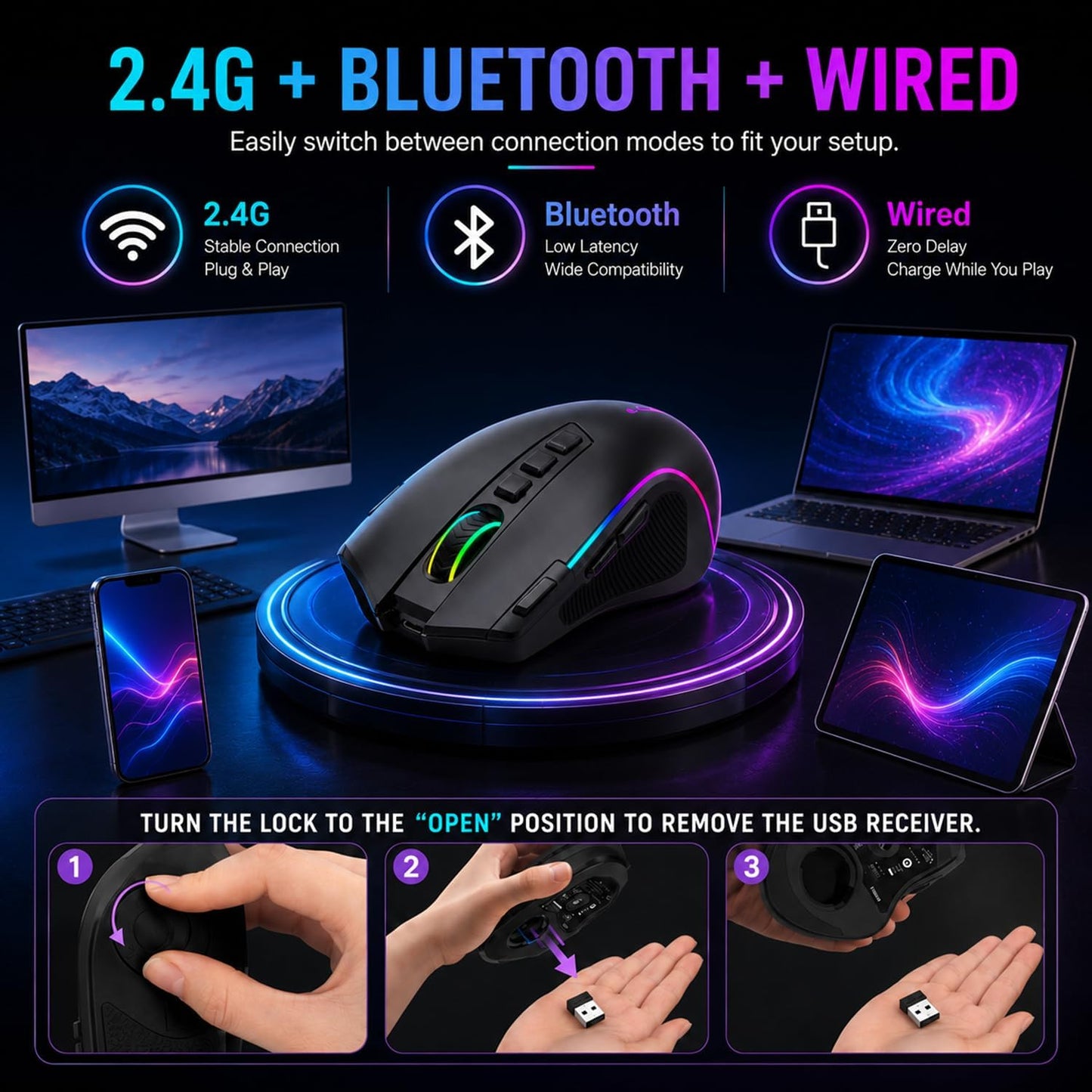 E-YOOSO Ergonomic Wireless Gaming Mouse, Tri-Mode, Rapid Fire Key, 8000 DPI | 9 programmable buttons, 6 RGB modes, 75-hour battery, contoured thumb rest, 1000Hz polling, for right-handed gaming and work