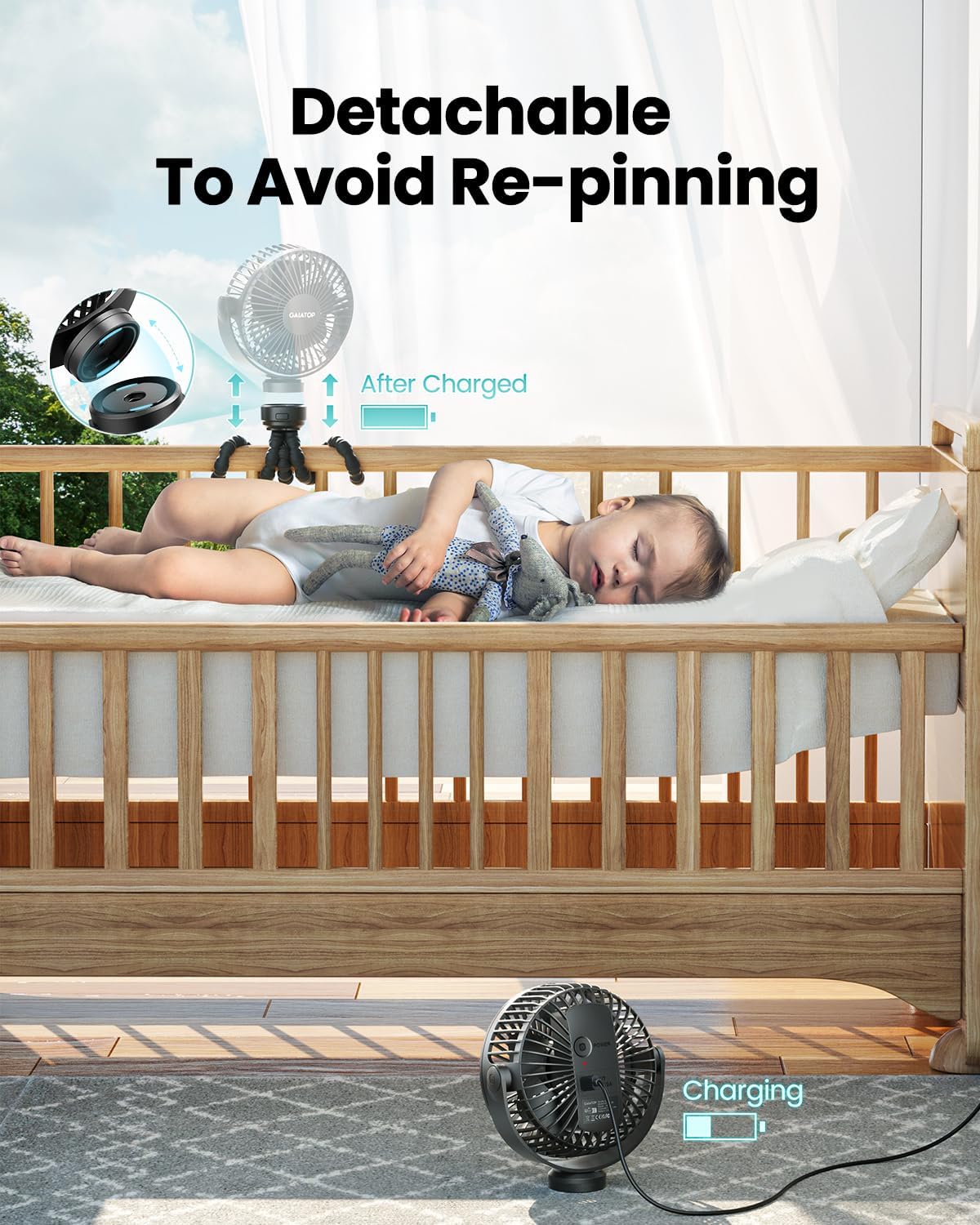 Gaiatop Mini Portable Stroller Fan, Small Clip on Fan 3 Speed Rechargeable | 360° Rotate Flexible Tripod, Battery Operated Detachable, Cooling for Car Seat Crib Treadmill Travel Black