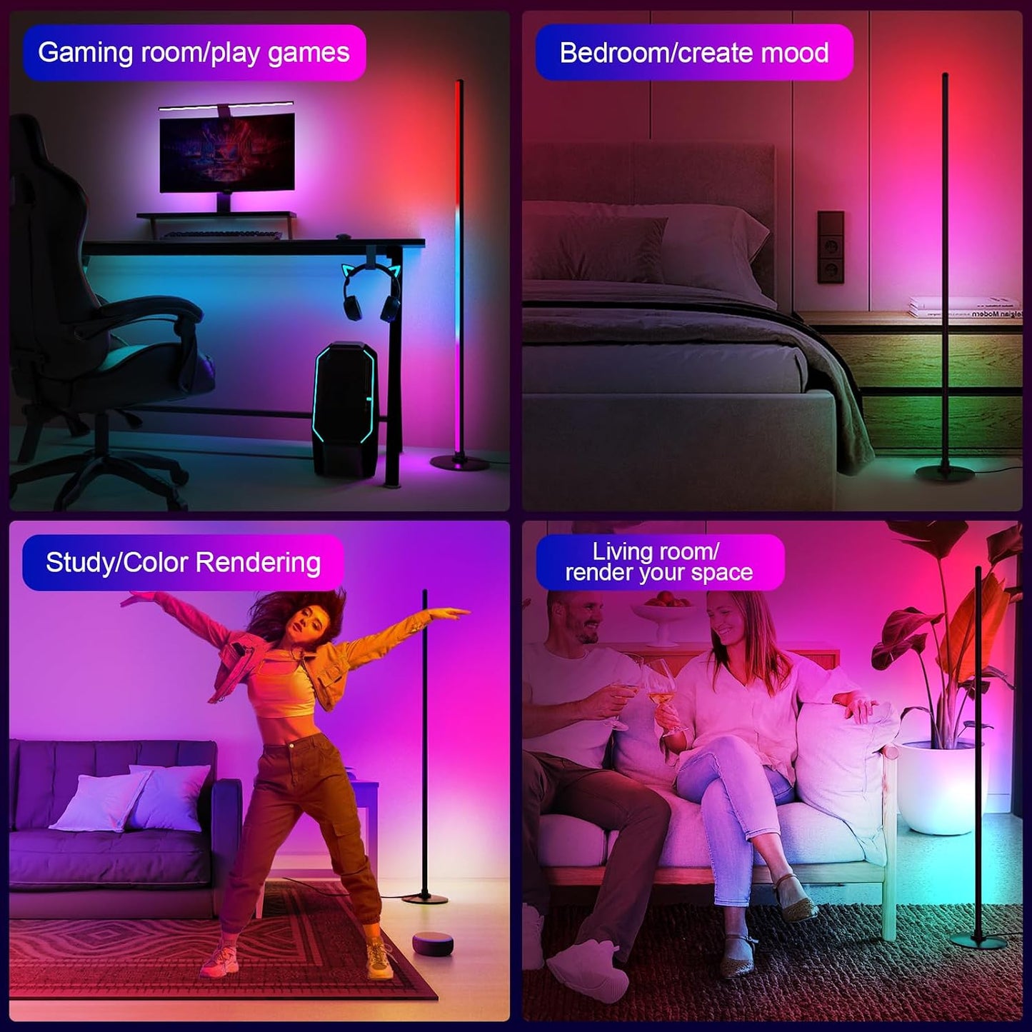 Lanmonlily LED Floor Lamp, Corner Lamp Compatible with Alexa, Smart Modern Floor Lamp with Music Sync 16 Million Colors & 68+ Scene RGBICW Floor Lamp for Bedroom Living Room and Gaming Rooms