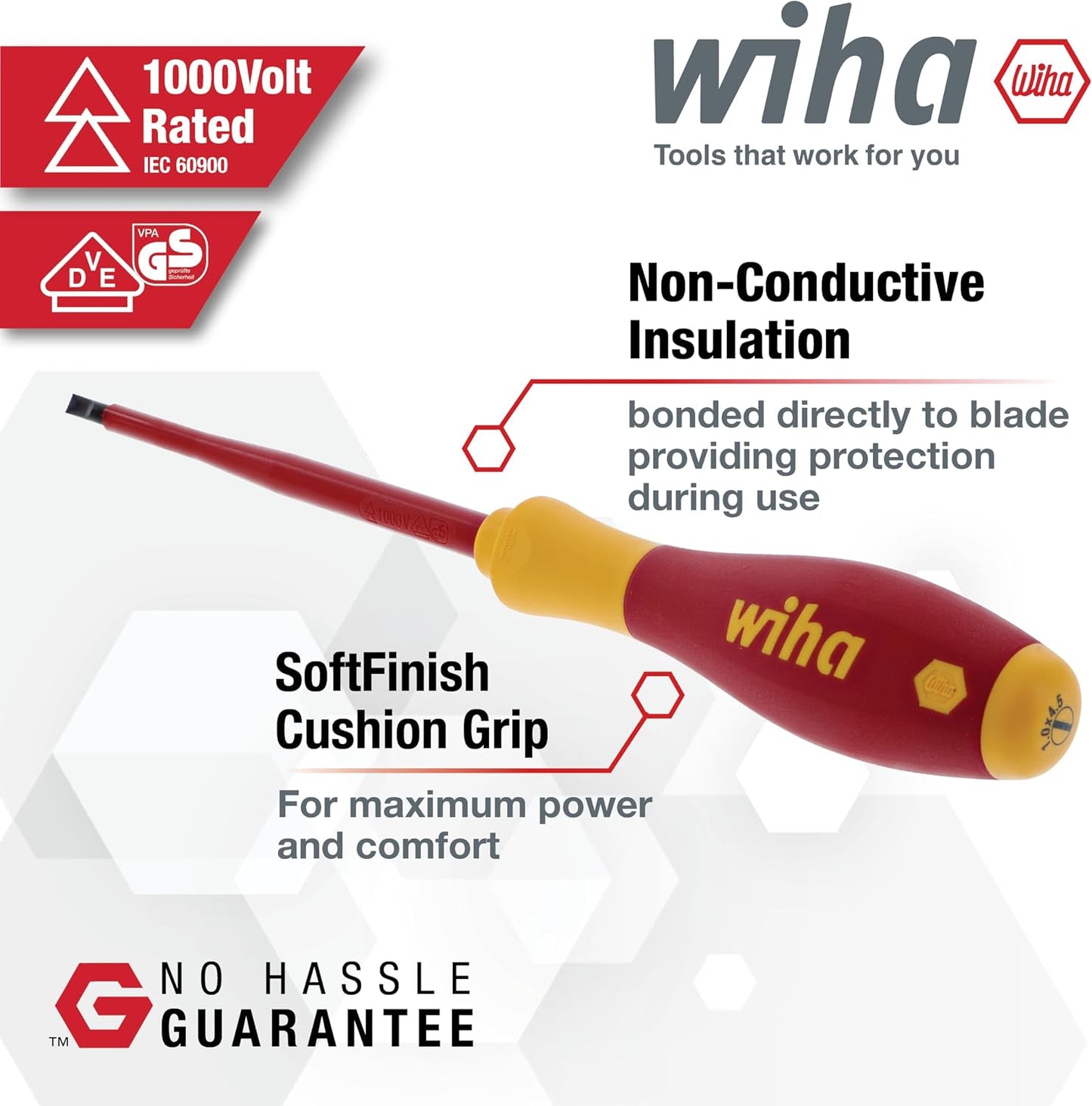 Wiha Insulated Screwdriver Set, 6-Piece 1000V Electrician Tool Kit | 1000V VDE certified, SoftFinish cushion grip, precision machined tips, tested to 10,000 volts, made in Germany