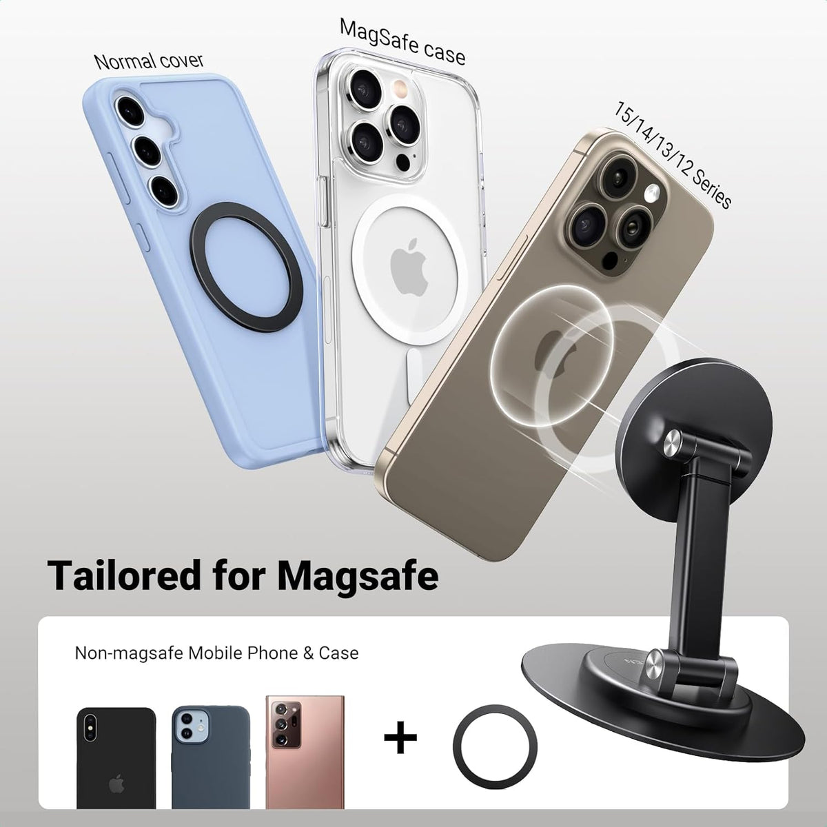 UGREEN Magnetic Phone Stand for MagSafe, Height Adjustable iPhone Stand for Desk with 360° Rotation Compatible for iPhone 17 Air 16 Pro 15 Pro Max 14 Plus 13 12 and MagSafe Case, Black
